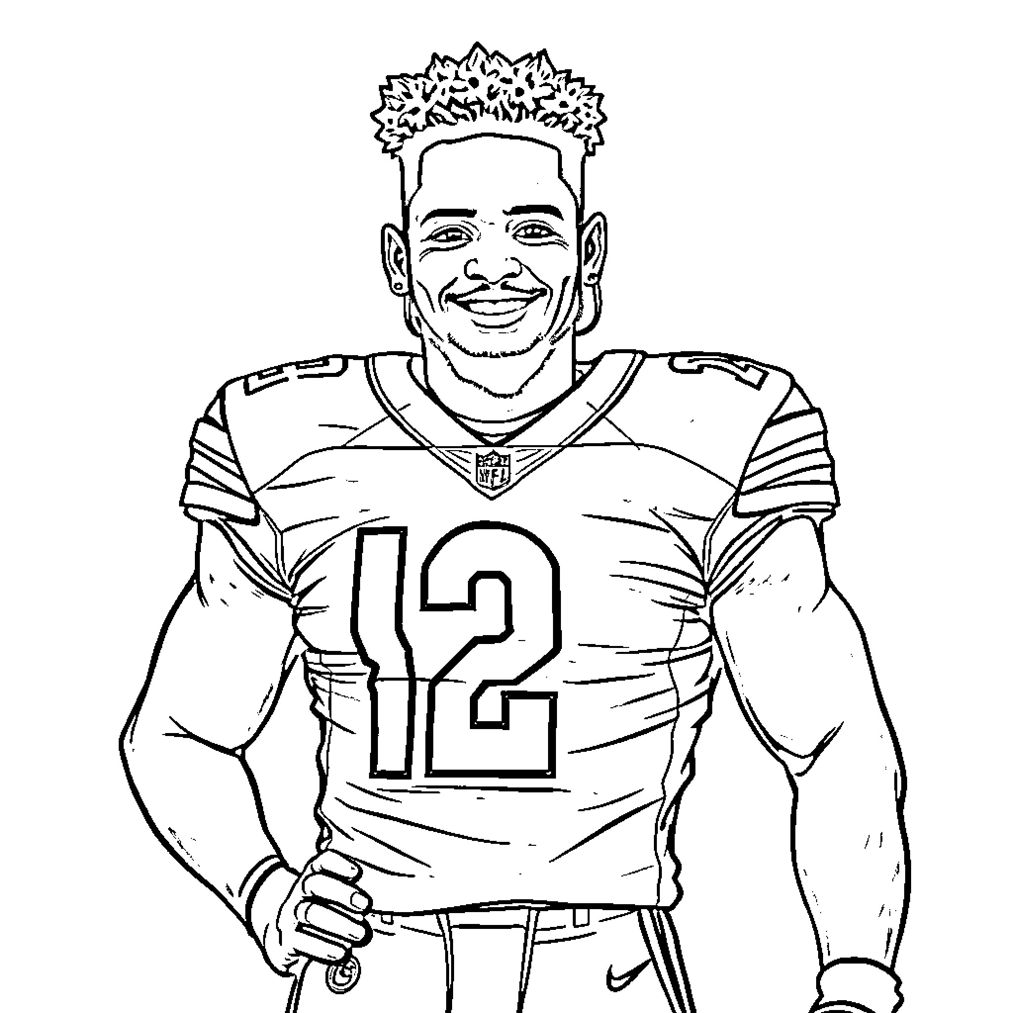 Caleb Williams in Football Uniform Smiling Coloring Page (free black-and-white line drawing printable PDF for all, from beginners to advanced learners, including children, teens, adults, and seniors)