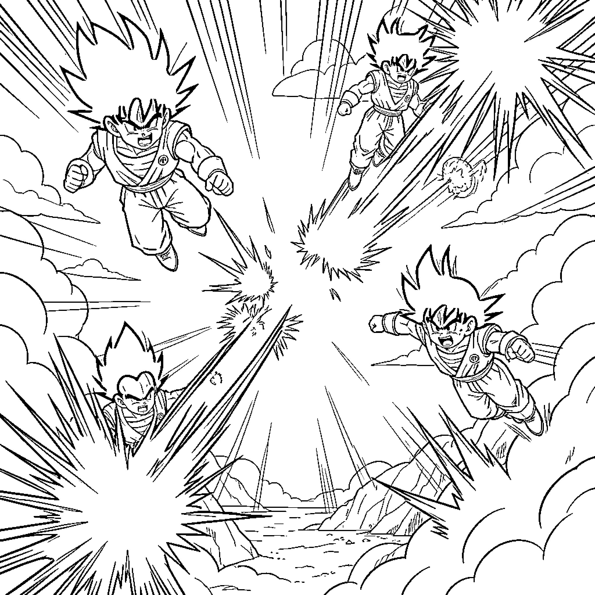 Dragon Ball characters engaged in a dynamic battle scene Coloring Page (free black-and-white line drawing printable PDF for all, from beginners to advanced learners, including children, teens, adults, and seniors)