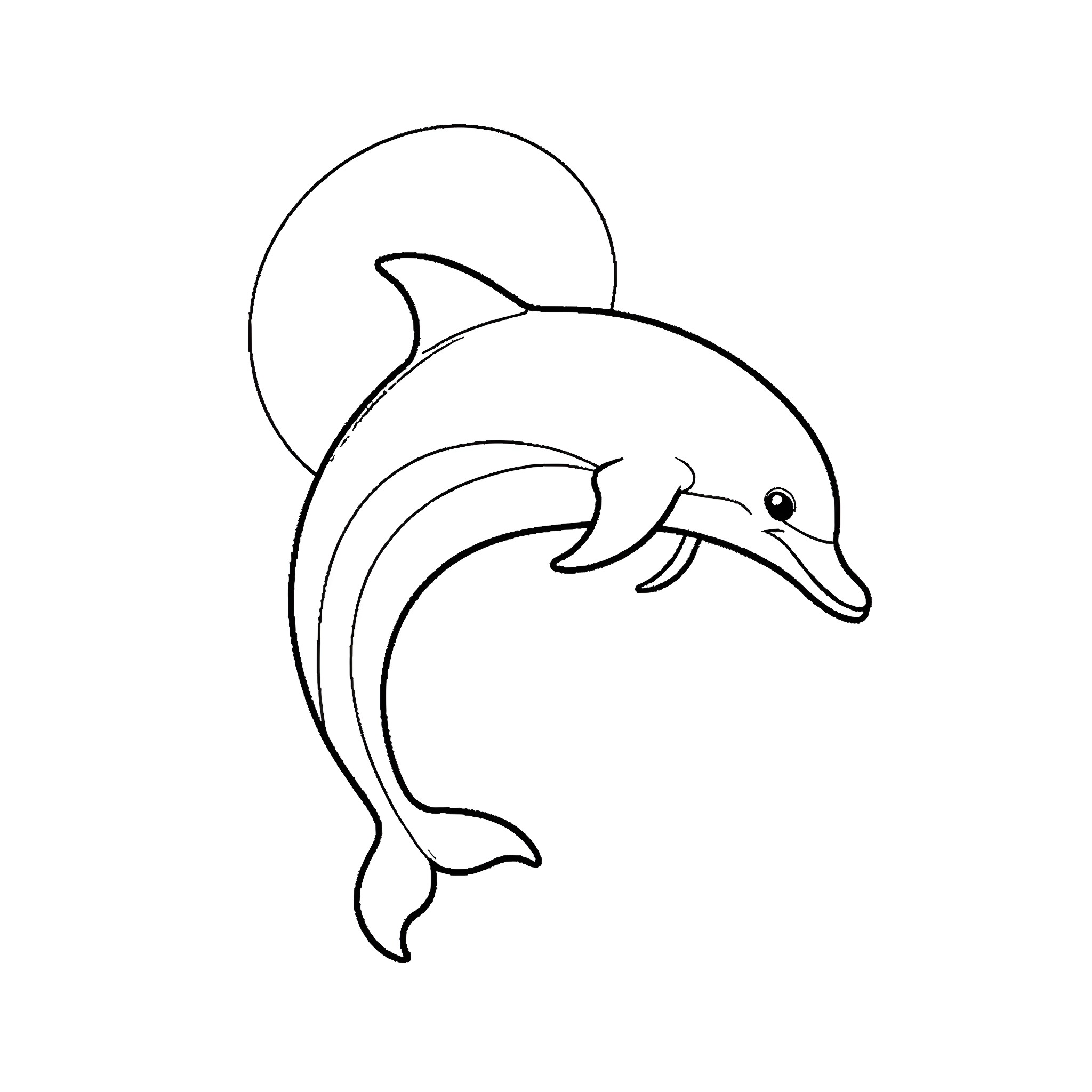 Dolphin swimming in the moonlight Coloring Page (free black-and-white line drawing printable PDF for all, from beginners to advanced learners, including children, teens, adults, and seniors)
