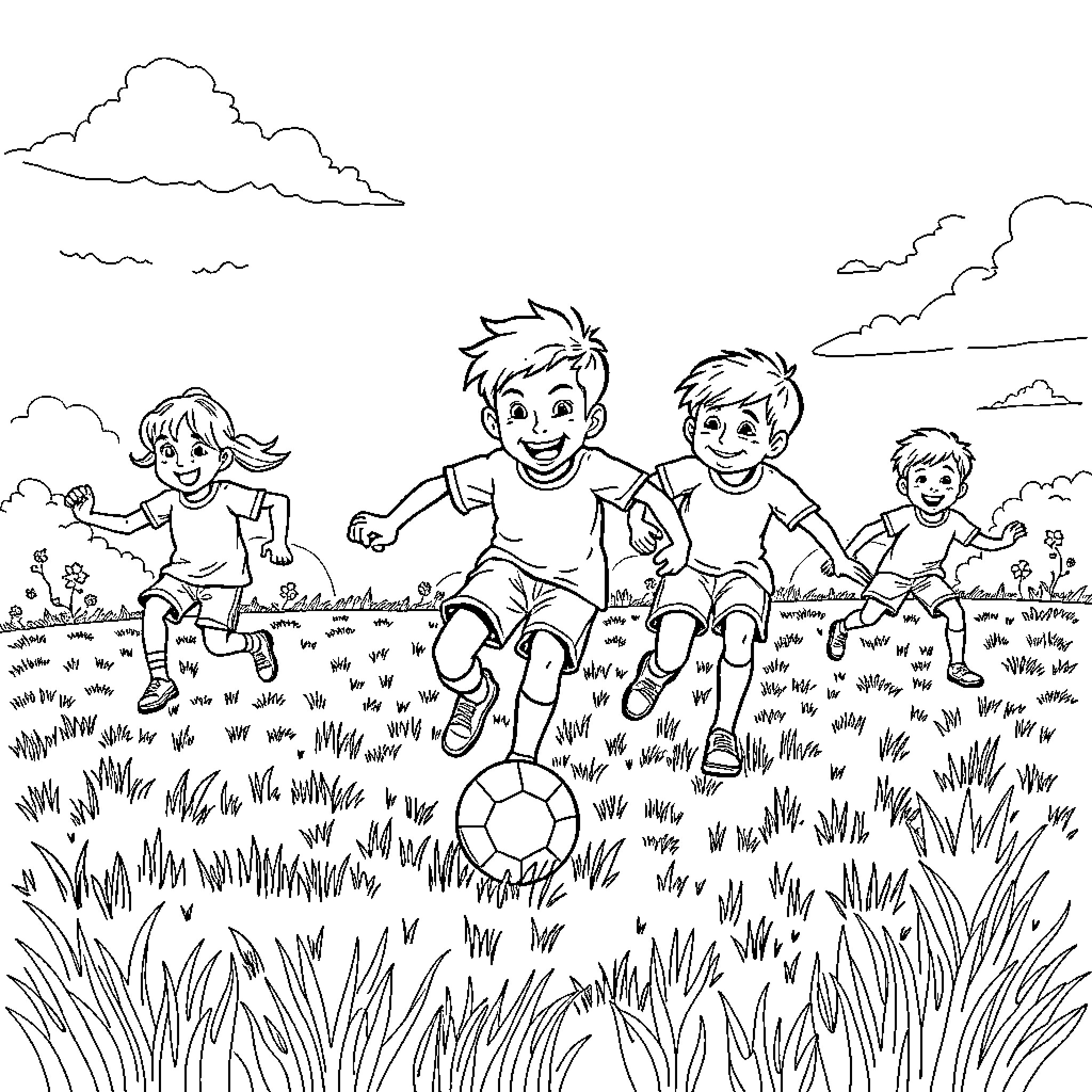 Kids Playing Joyfully in the Countryside Coloring Page (free black-and-white line drawing printable PDF for all, from beginners to advanced learners, including children, teens, adults, and seniors)