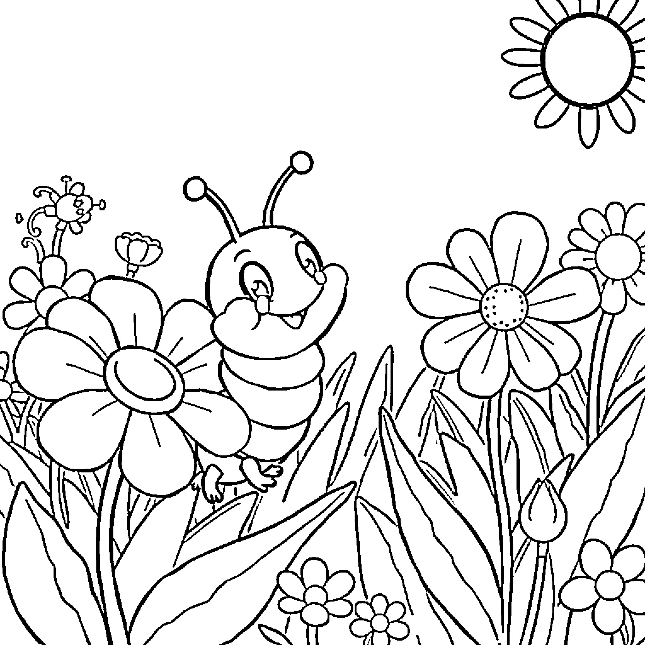 Caterpillar exploring a vibrant floral garden Coloring Page (free black-and-white line drawing printable PDF for all, from beginners to advanced learners, including children, teens, adults, and seniors)