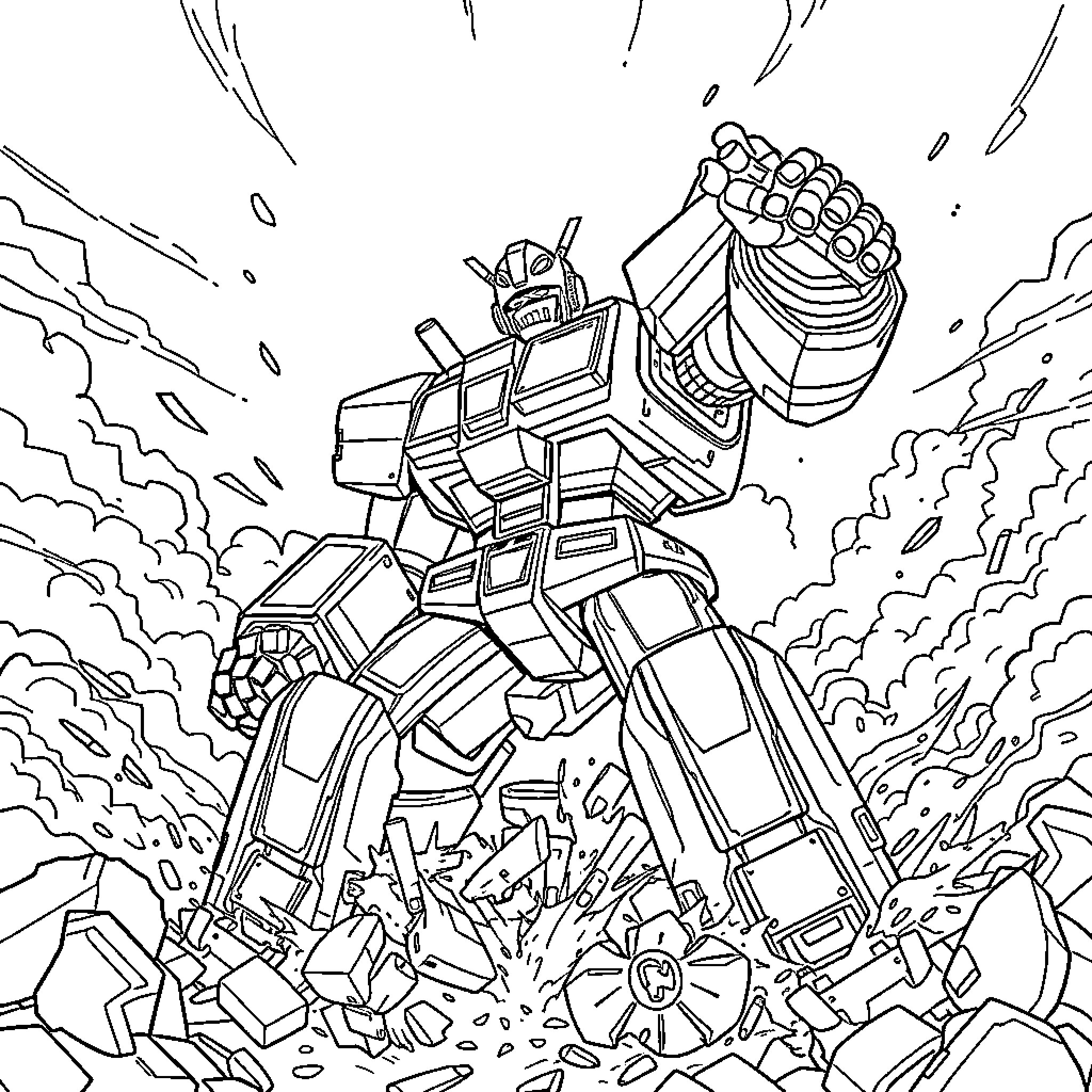 Megazord Rising from the Rubble Coloring Page (free black-and-white line drawing printable PDF for all, from beginners to advanced learners, including children, teens, adults, and seniors)
