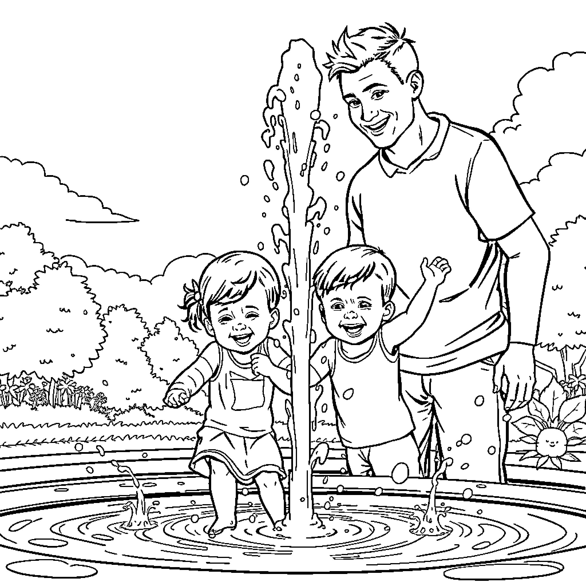 Family enjoying a refreshing water splash Coloring Page (free black-and-white line drawing printable PDF for all, from beginners to advanced learners, including children, teens, adults, and seniors)