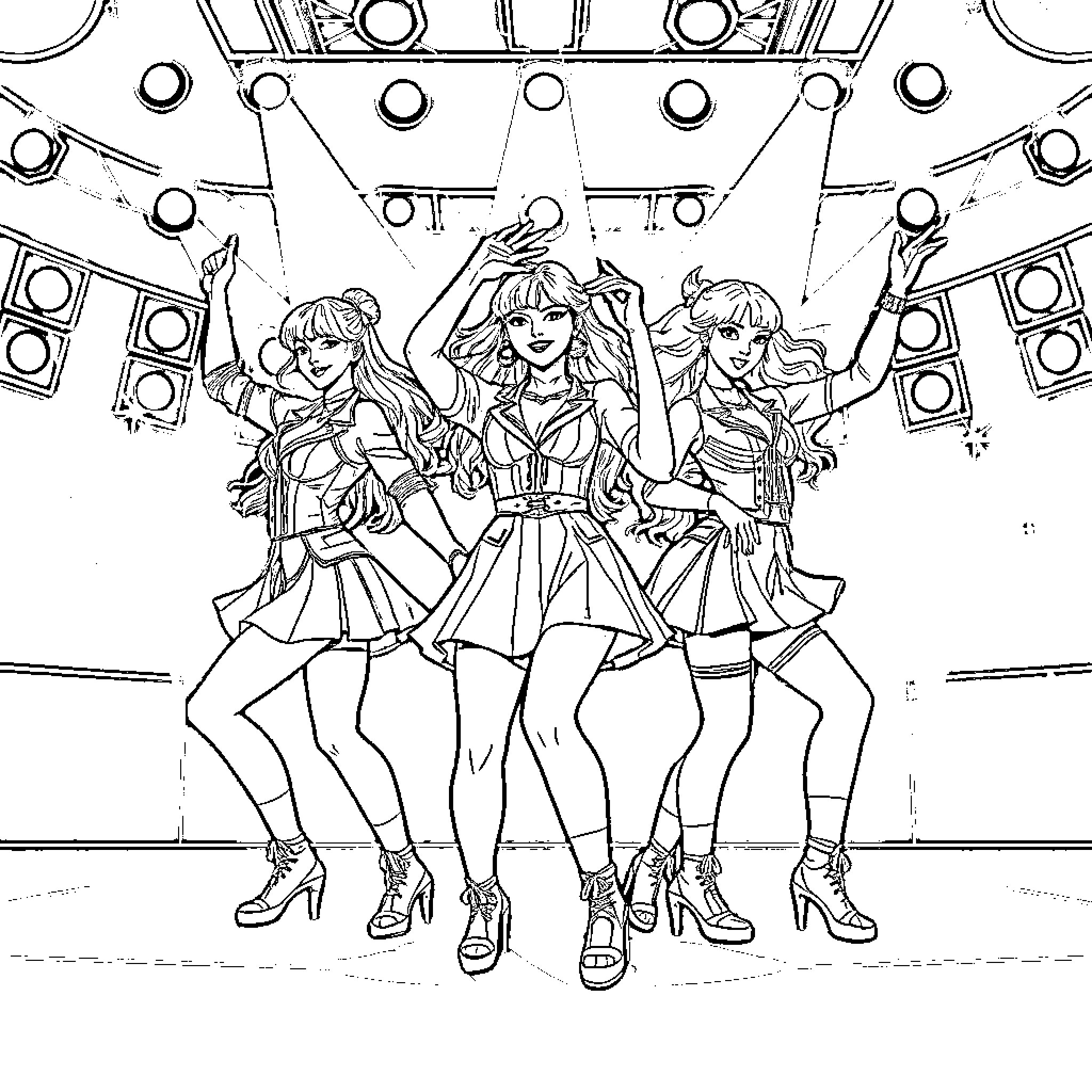K Pop Warrior Trio Performing on Stage Coloring Page (free black-and-white line drawing printable PDF for all, from beginners to advanced learners, including children, teens, adults, and seniors)