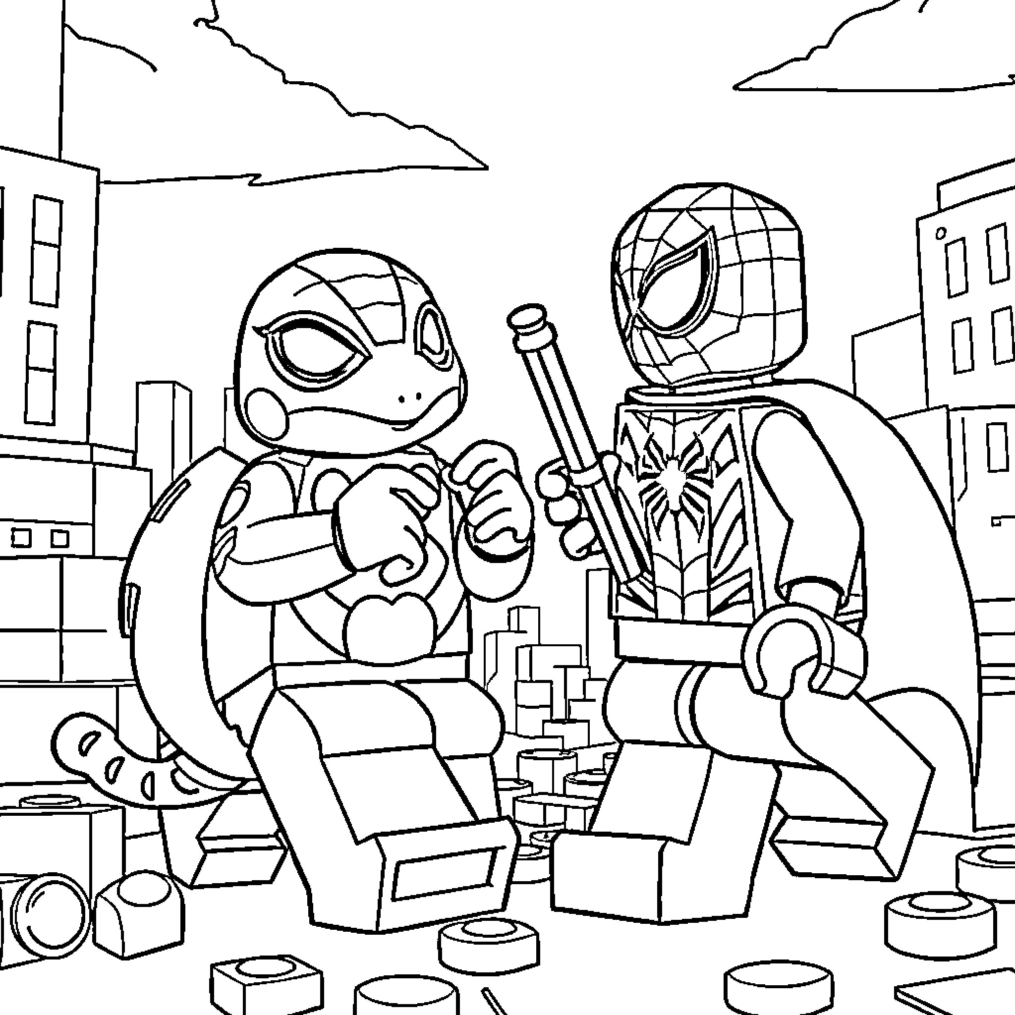 Pat Patrol: Superhero duo's teamwork in the city Coloring Page (free black-and-white line drawing printable PDF for all, from beginners to advanced learners, including children, teens, adults, and seniors)