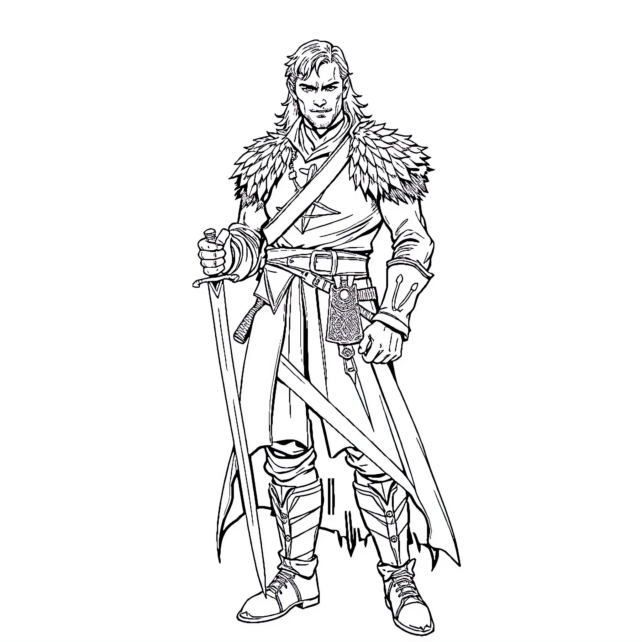 Daemon Targaryen wielding a sword in a battle-ready stance Coloring Page (free black-and-white line drawing printable PDF for all, from beginners to advanced learners, including children, teens, adults, and seniors)