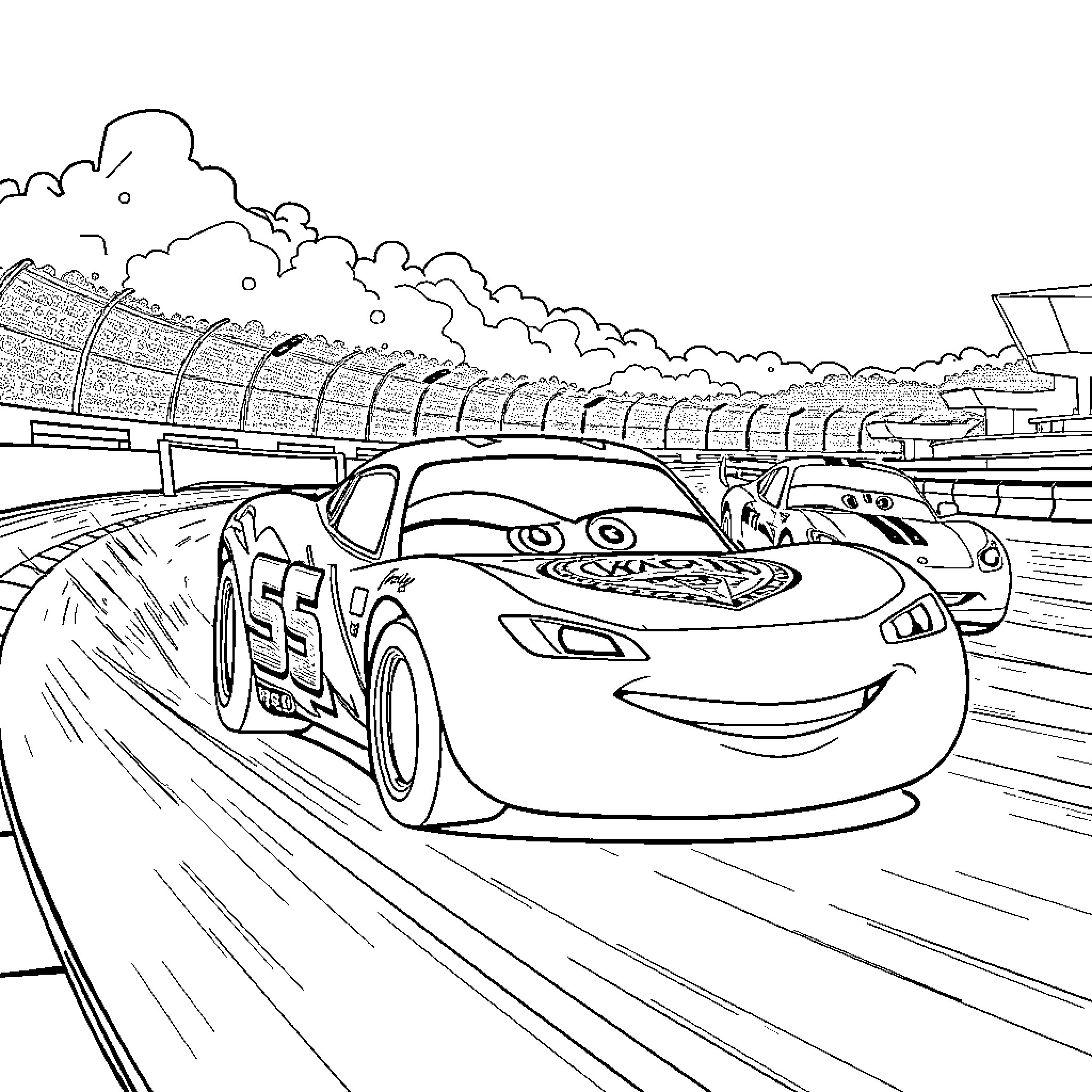 Lightning McQueen racing on the track Coloring Page (free black-and-white line drawing printable PDF for all, from beginners to advanced learners, including children, teens, adults, and seniors)