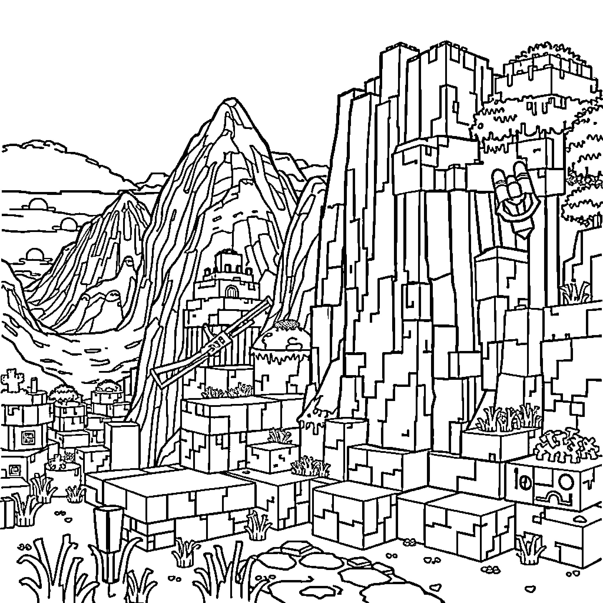 Minecraft Fantastic Landscape with Mountain and Buildings Coloring Page (free black-and-white line drawing printable PDF for all, from beginners to advanced learners, including children, teens, adults, and seniors)