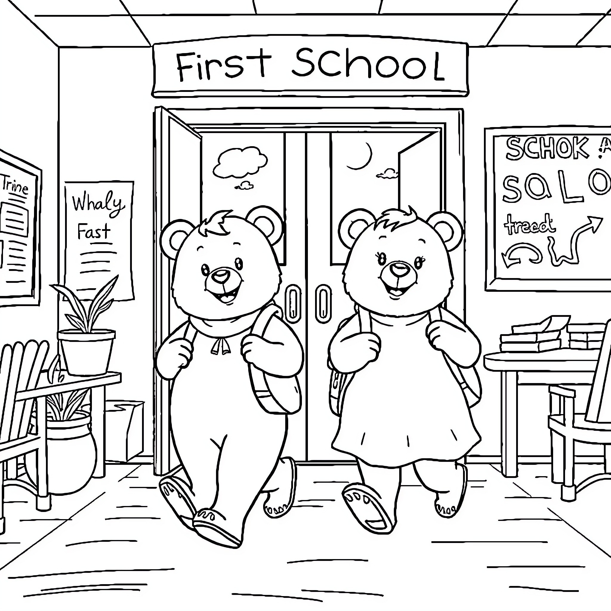 Bear siblings attend their first day of school Coloring Page (free black-and-white line drawing printable PDF for all, from beginners to advanced learners, including children, teens, adults, and seniors)