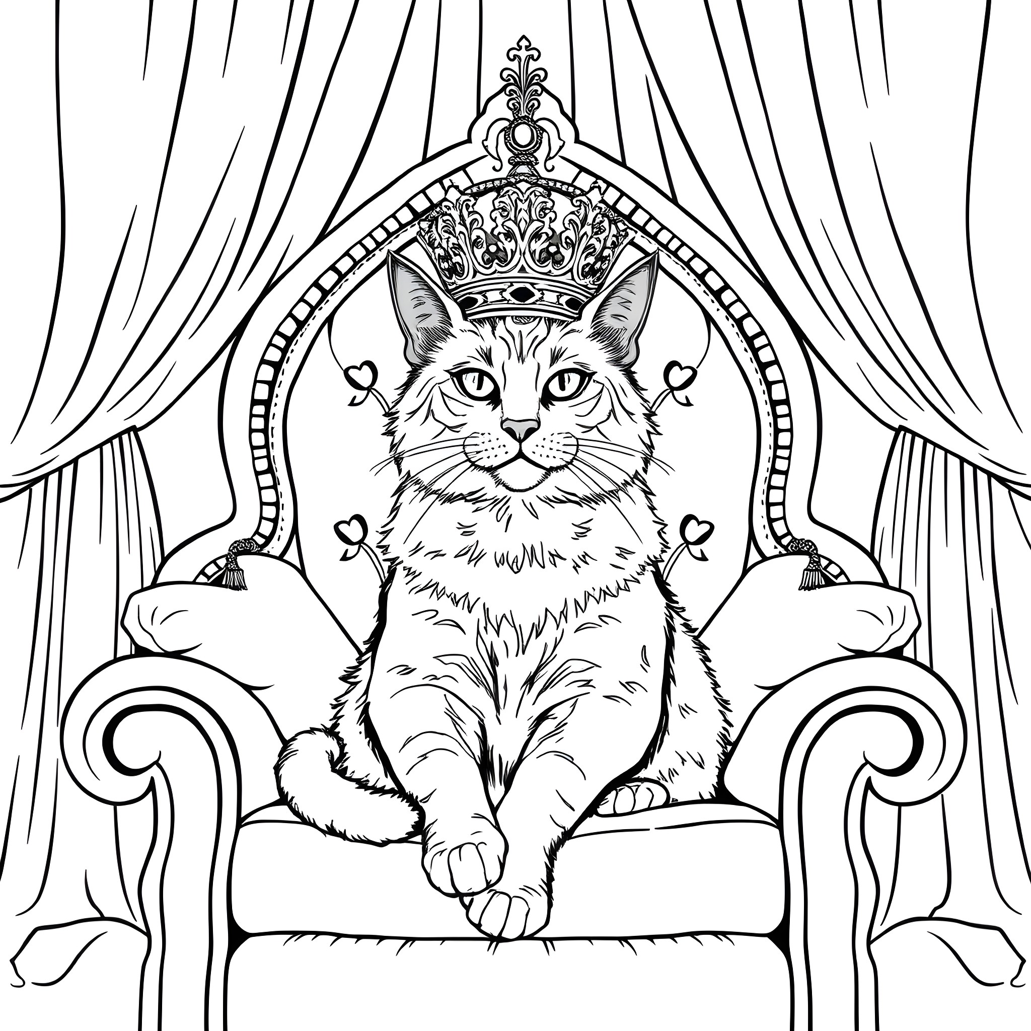 Cat sitting on a throne with a crown Coloring Page (free black-and-white line drawing printable PDF for all, from beginners to advanced learners, including children, teens, adults, and seniors)