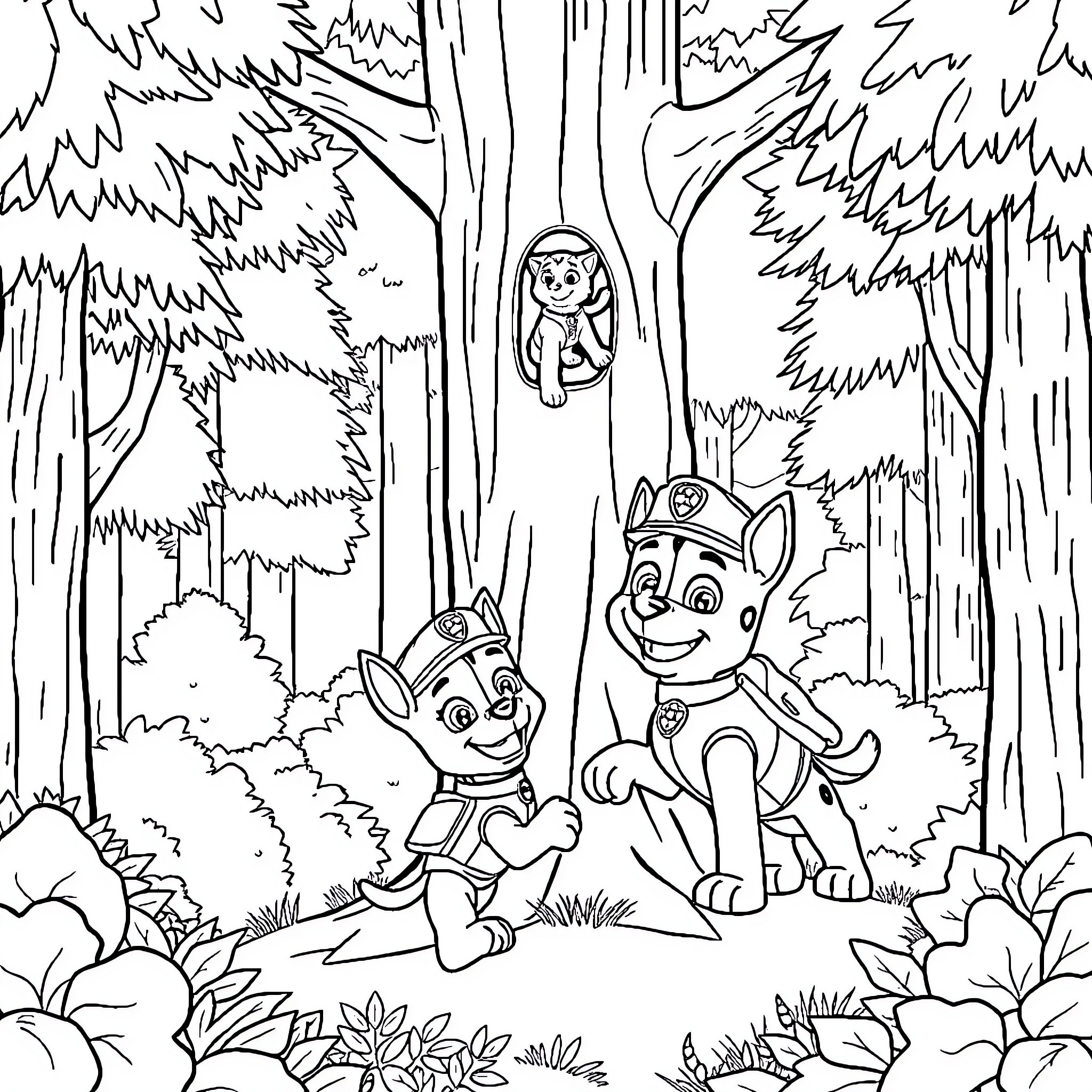 Paw Patrol pups exploring the forest adventure Coloring Page (free black-and-white line drawing printable PDF for all, from beginners to advanced learners, including children, teens, adults, and seniors)