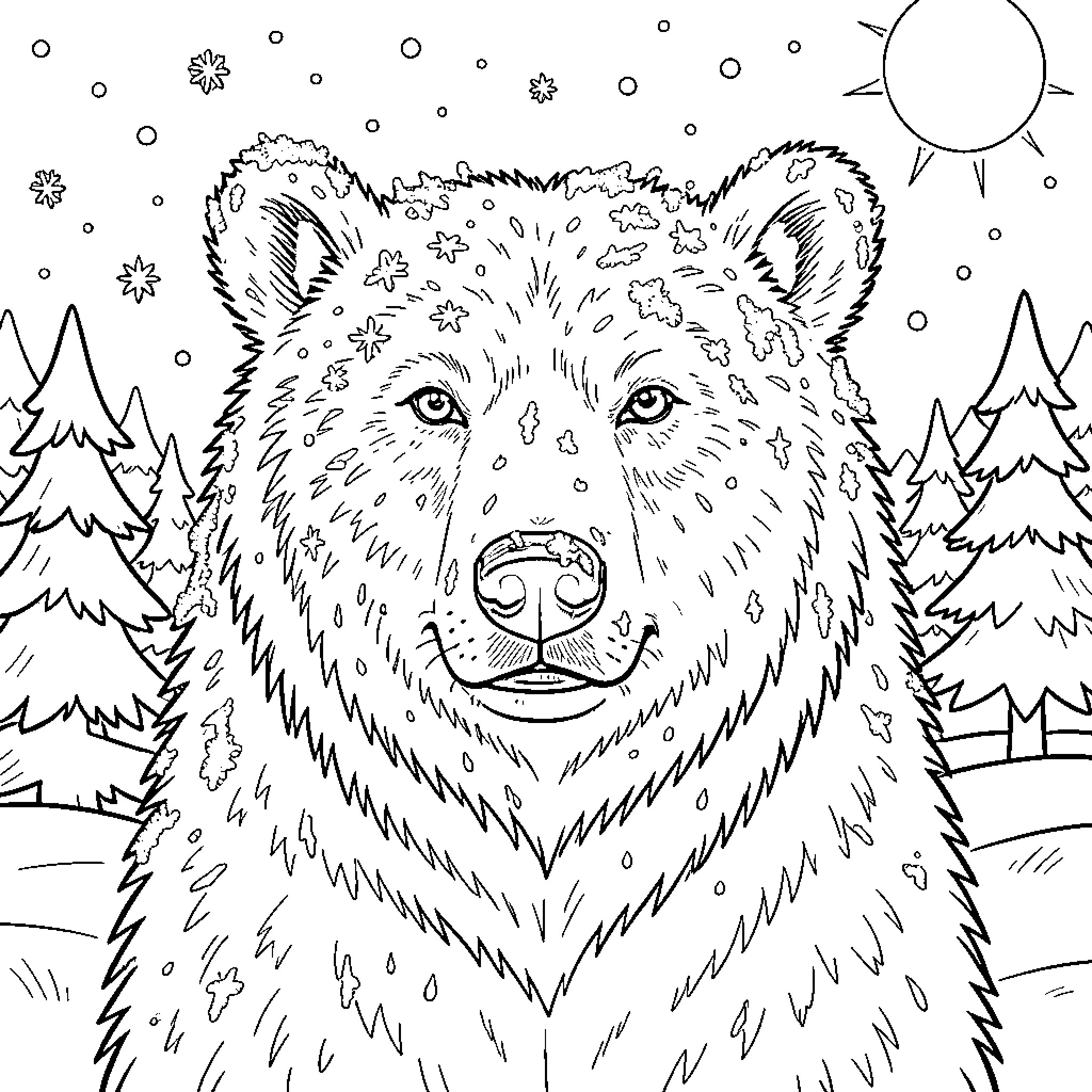 Bear in snowy forest surrounded by snowflakes Coloring Page (free black-and-white line drawing printable PDF for all, from beginners to advanced learners, including children, teens, adults, and seniors)