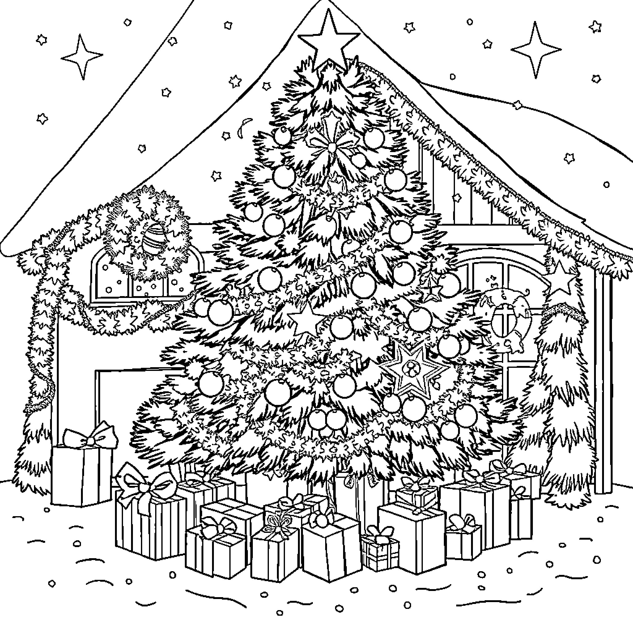 Sapin with Decorated Holiday Scene and Gifts Coloring Page (free black-and-white line drawing printable PDF for all, from beginners to advanced learners, including children, teens, adults, and seniors)