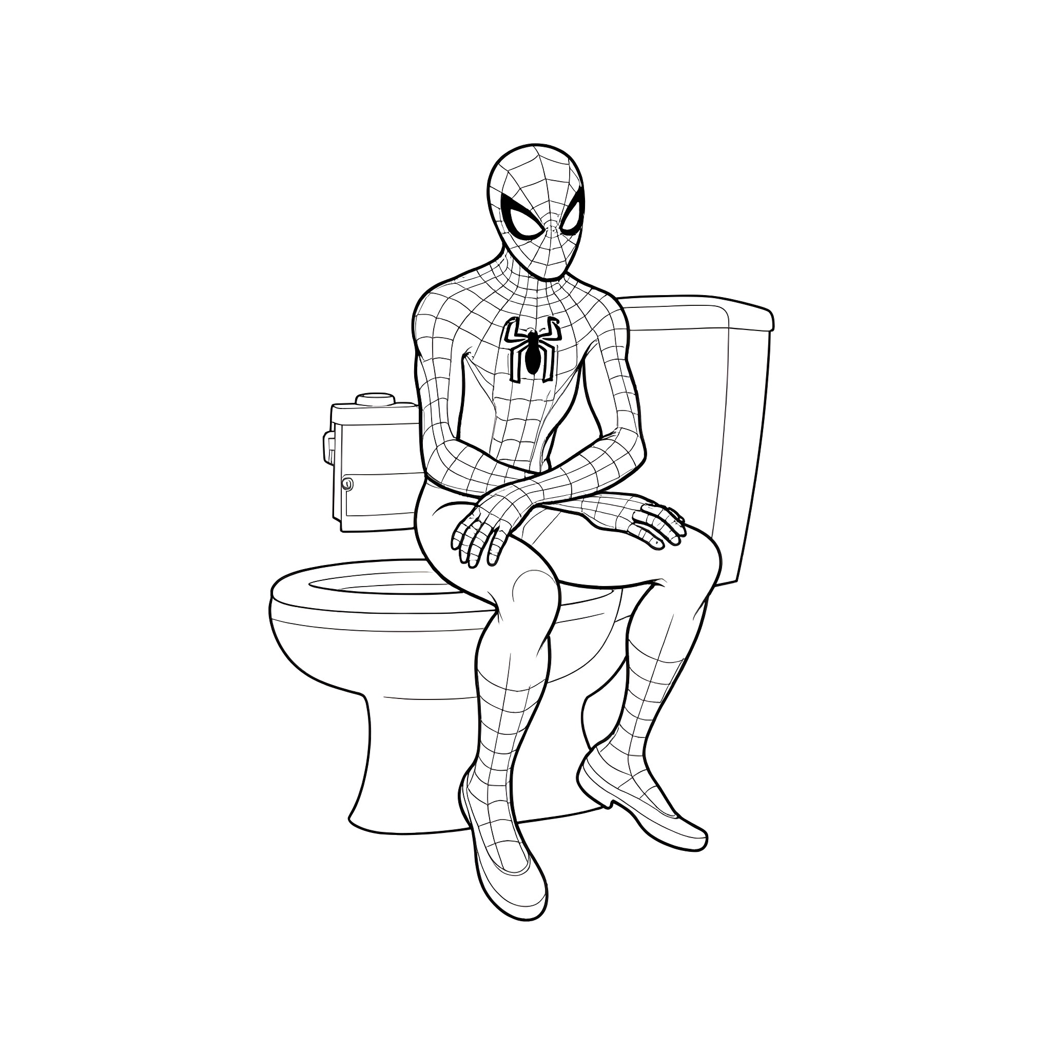 Spiderman relaxing on the toilet Coloring Page (free black-and-white line drawing printable PDF for all, from beginners to advanced learners, including children, teens, adults, and seniors)
