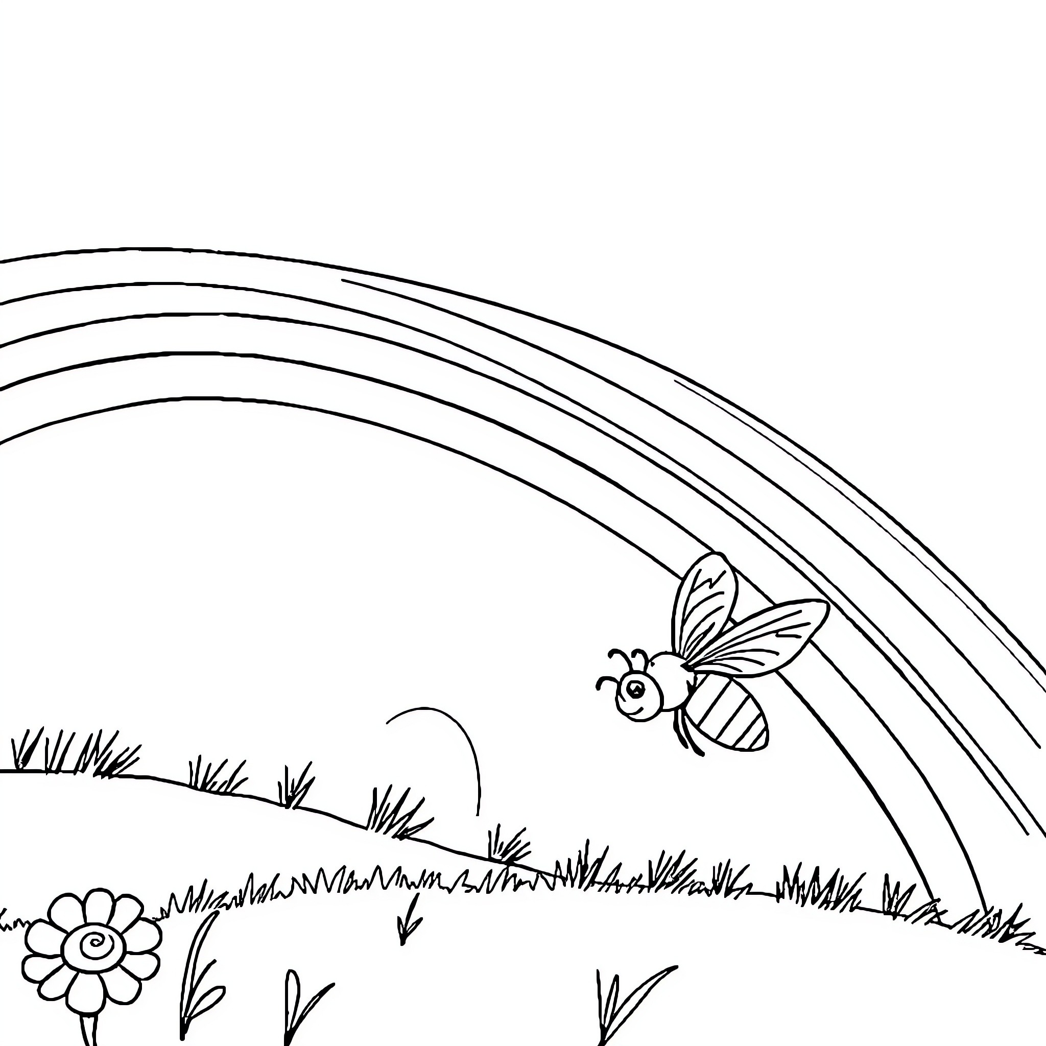 Rainbow-colored bee soaring through a flowery meadow Coloring Page (free black-and-white line drawing printable PDF for all, from beginners to advanced learners, including children, teens, adults, and seniors)