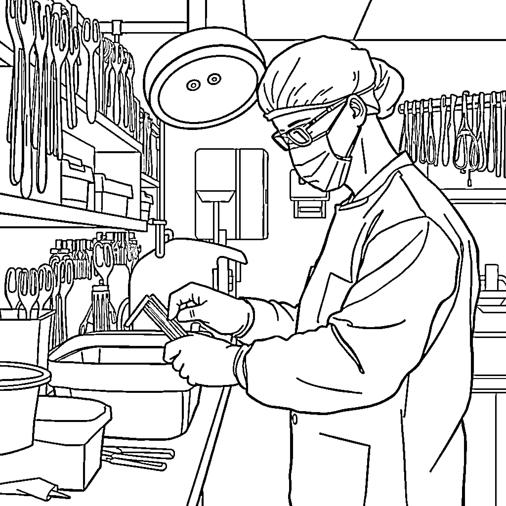 Technician performing medical procedures in a clinical setting Coloring Page (free black-and-white line drawing printable PDF for all, from beginners to advanced learners, including children, teens, adults, and seniors)