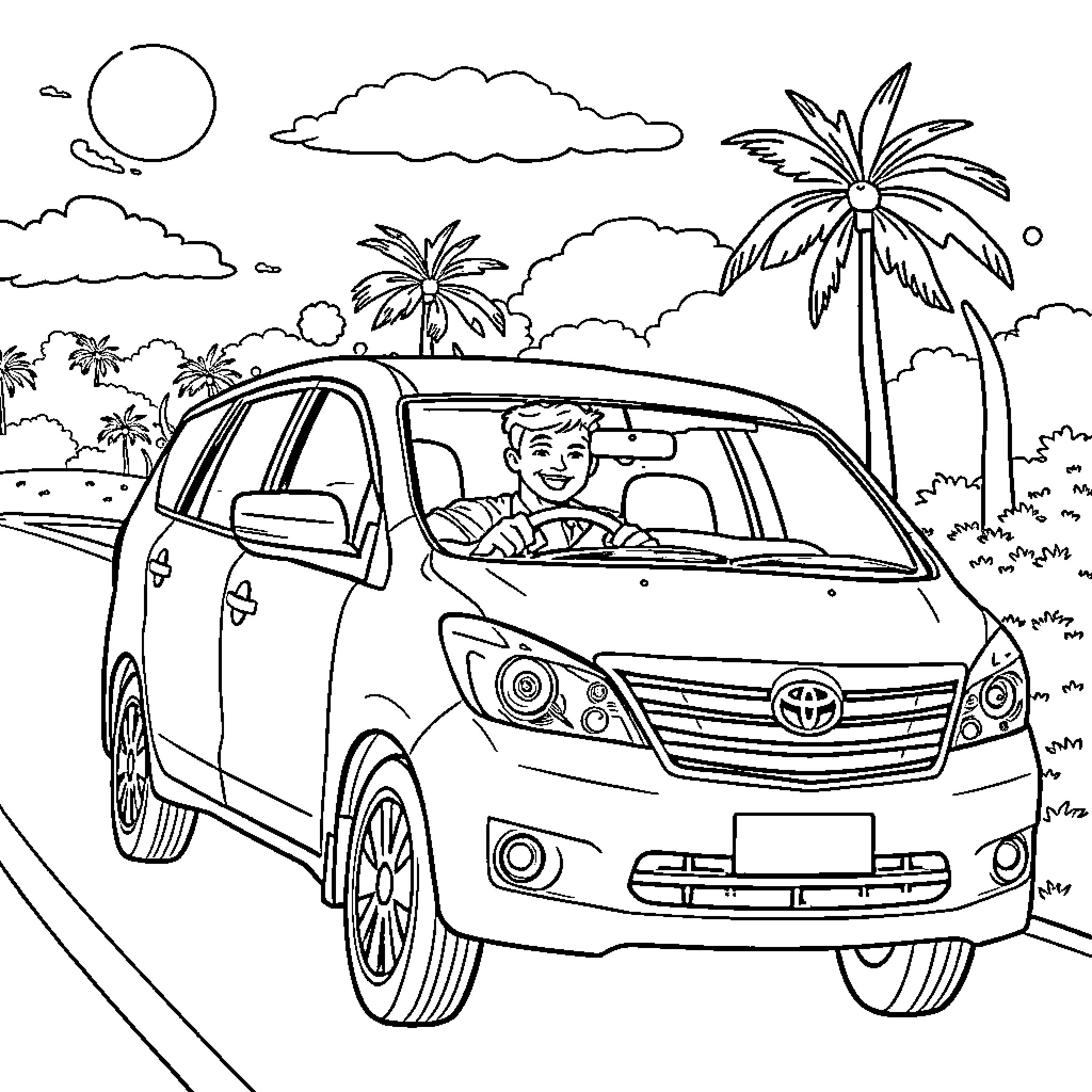Toyota SUV driving on tropical road Coloring Page (free black-and-white line drawing printable PDF for all, from beginners to advanced learners, including children, teens, adults, and seniors)
