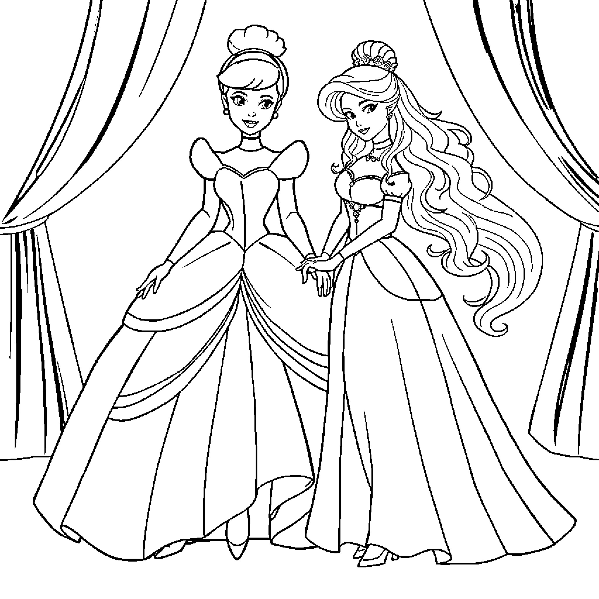 Cinderella and Princess Belle in Elegant Gowns Coloring Page (free black-and-white line drawing printable PDF for all, from beginners to advanced learners, including children, teens, adults, and seniors)