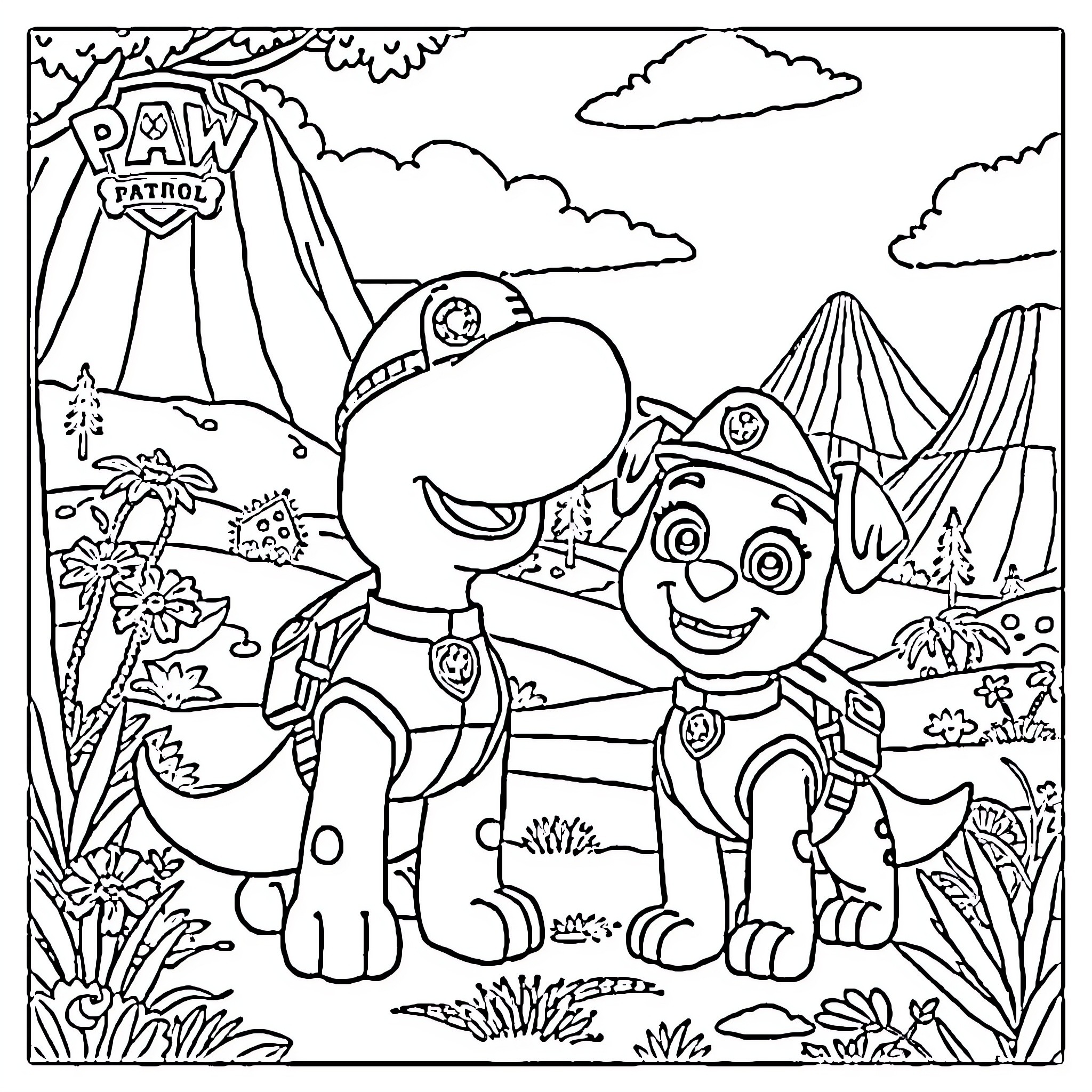 Ruben and Ryder's Outdoor Adventure Coloring Page (free black-and-white line drawing printable PDF for all, from beginners to advanced learners, including children, teens, adults, and seniors)