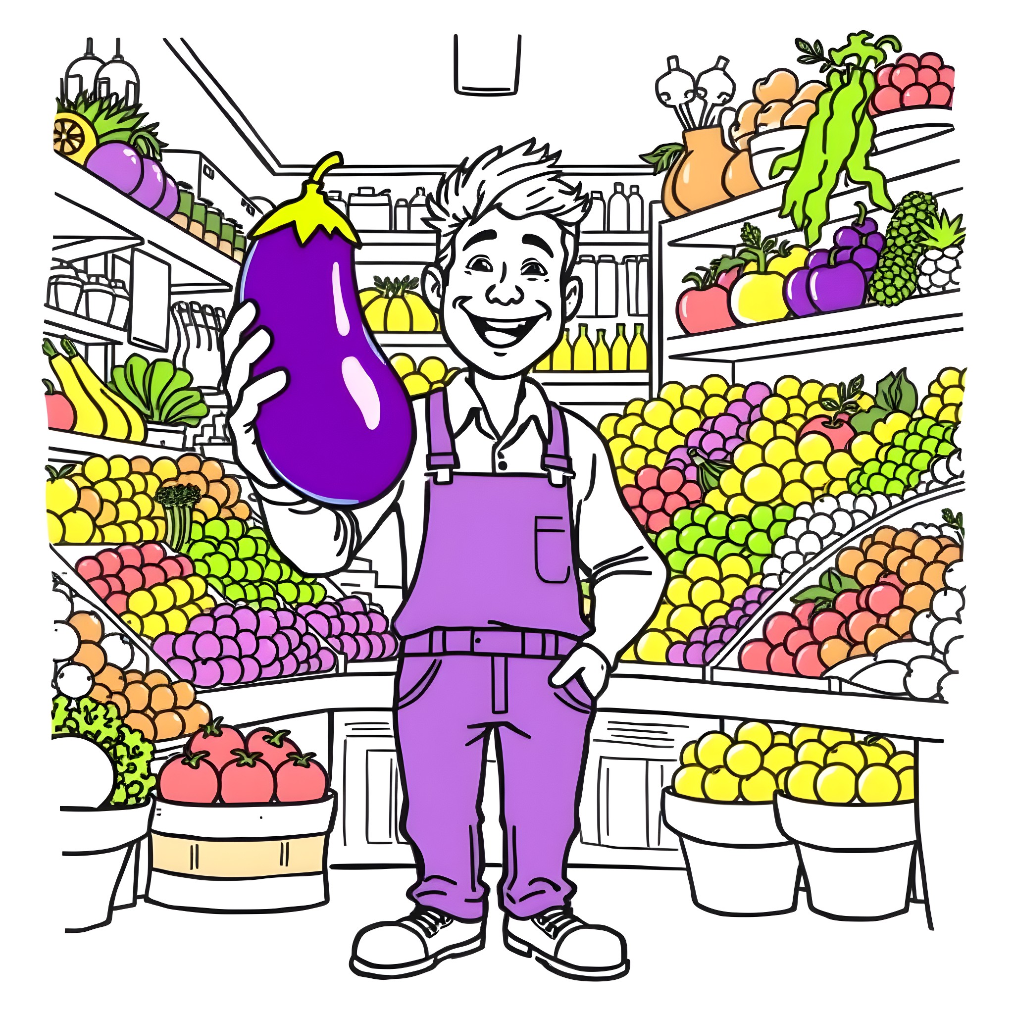 Man proudly displaying fresh produce in a grocery store Coloring Page (free black-and-white line drawing printable PDF for all, from beginners to advanced learners, including children, teens, adults, and seniors)
