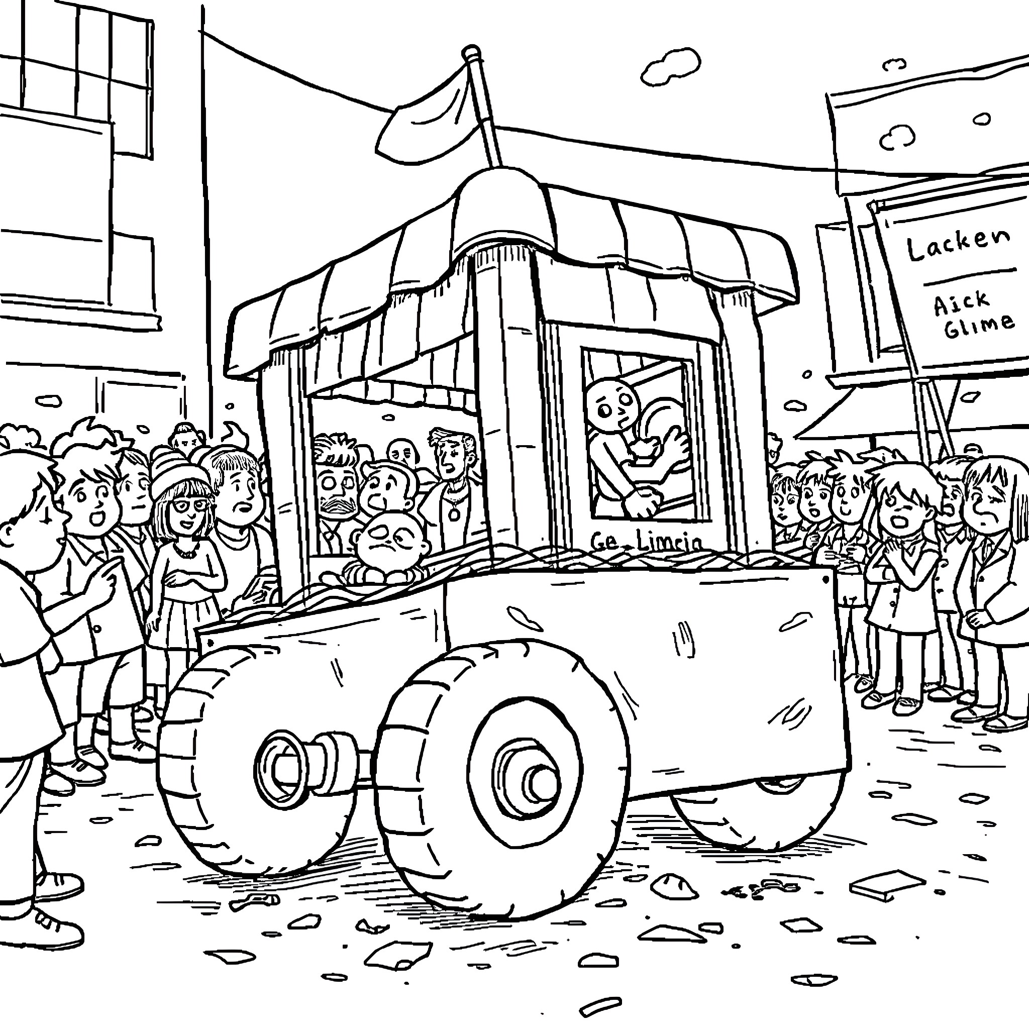 Square Wheeler Street Performance with Crowd Coloring Page (free black-and-white line drawing printable PDF for all, from beginners to advanced learners, including children, teens, adults, and seniors)