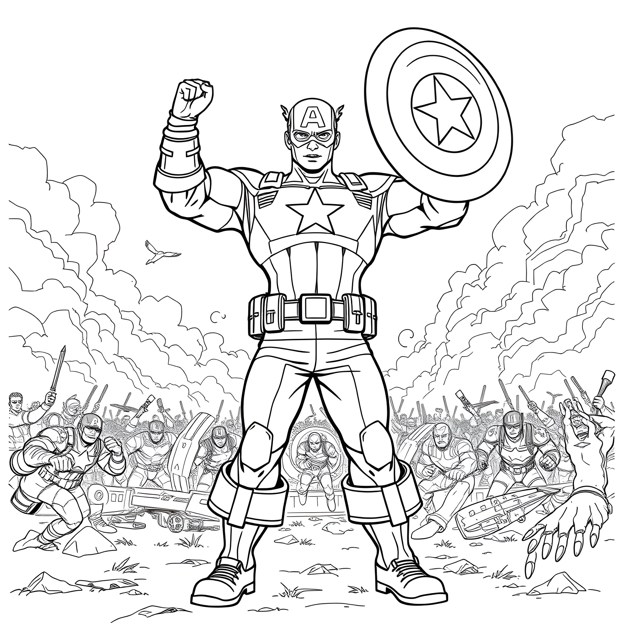 Captain America Heroically Defends the Battlefield Coloring Page (free black-and-white line drawing printable PDF for all, from beginners to advanced learners, including children, teens, adults, and seniors)