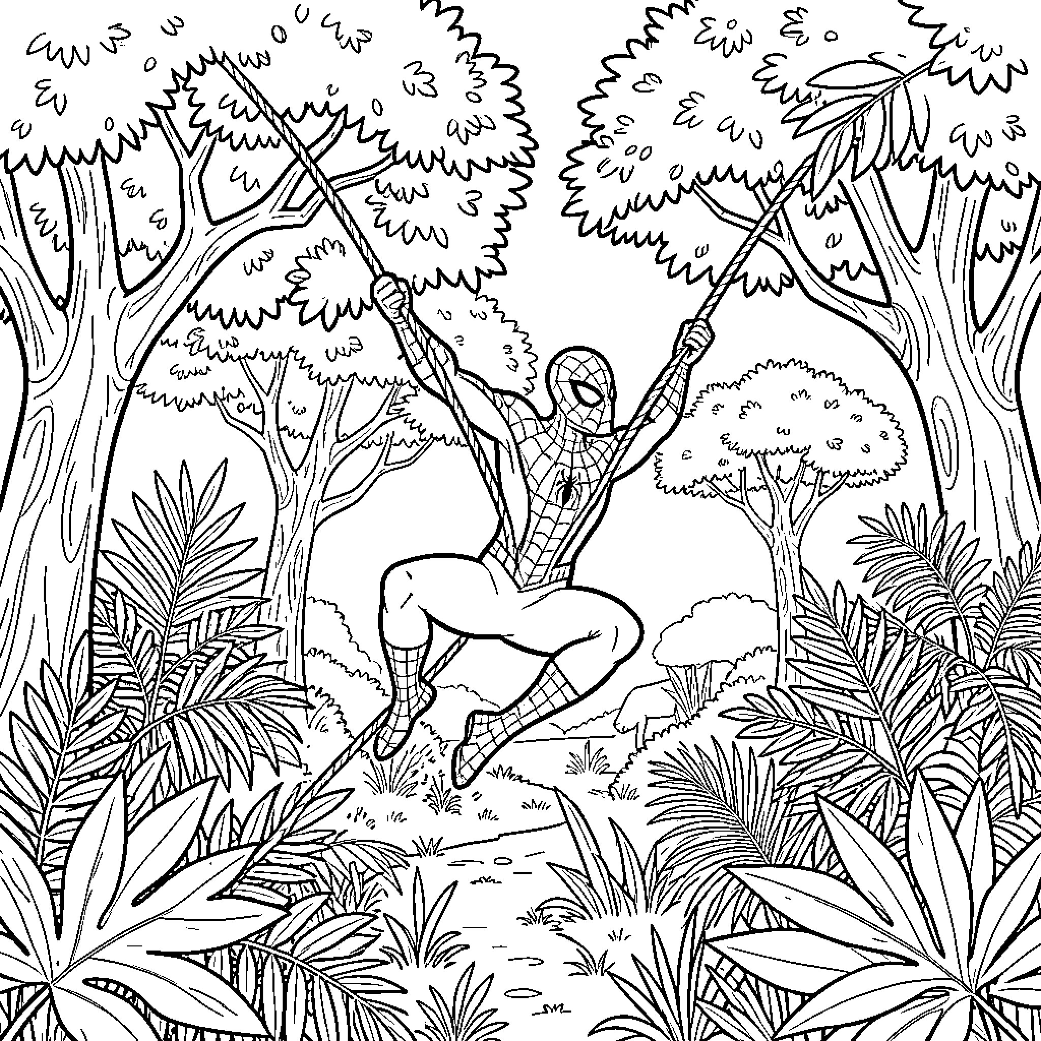 Spiderman swinging through the jungle Coloring Page (free black-and-white line drawing printable PDF for all, from beginners to advanced learners, including children, teens, adults, and seniors)