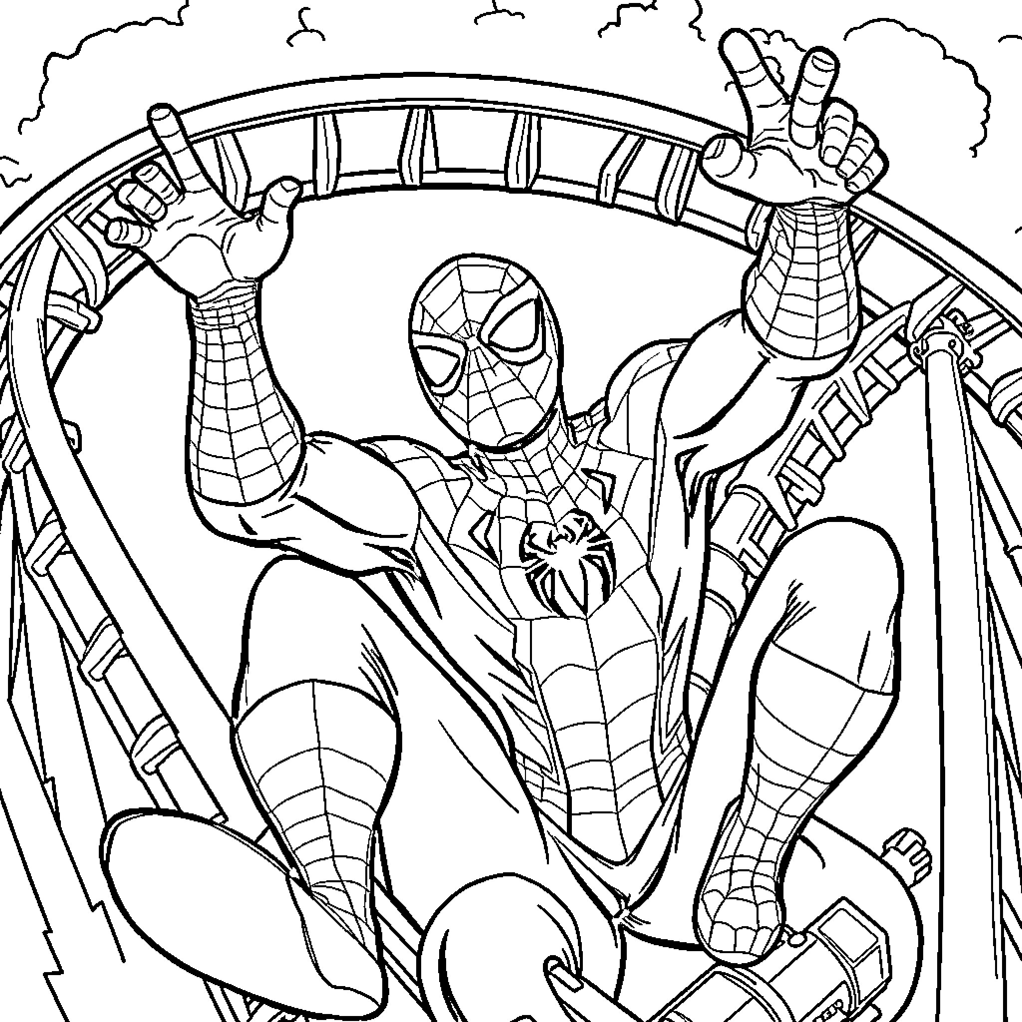 Spiderman swinging through the city on web Coloring Page (free black-and-white line drawing printable PDF for all, from beginners to advanced learners, including children, teens, adults, and seniors)