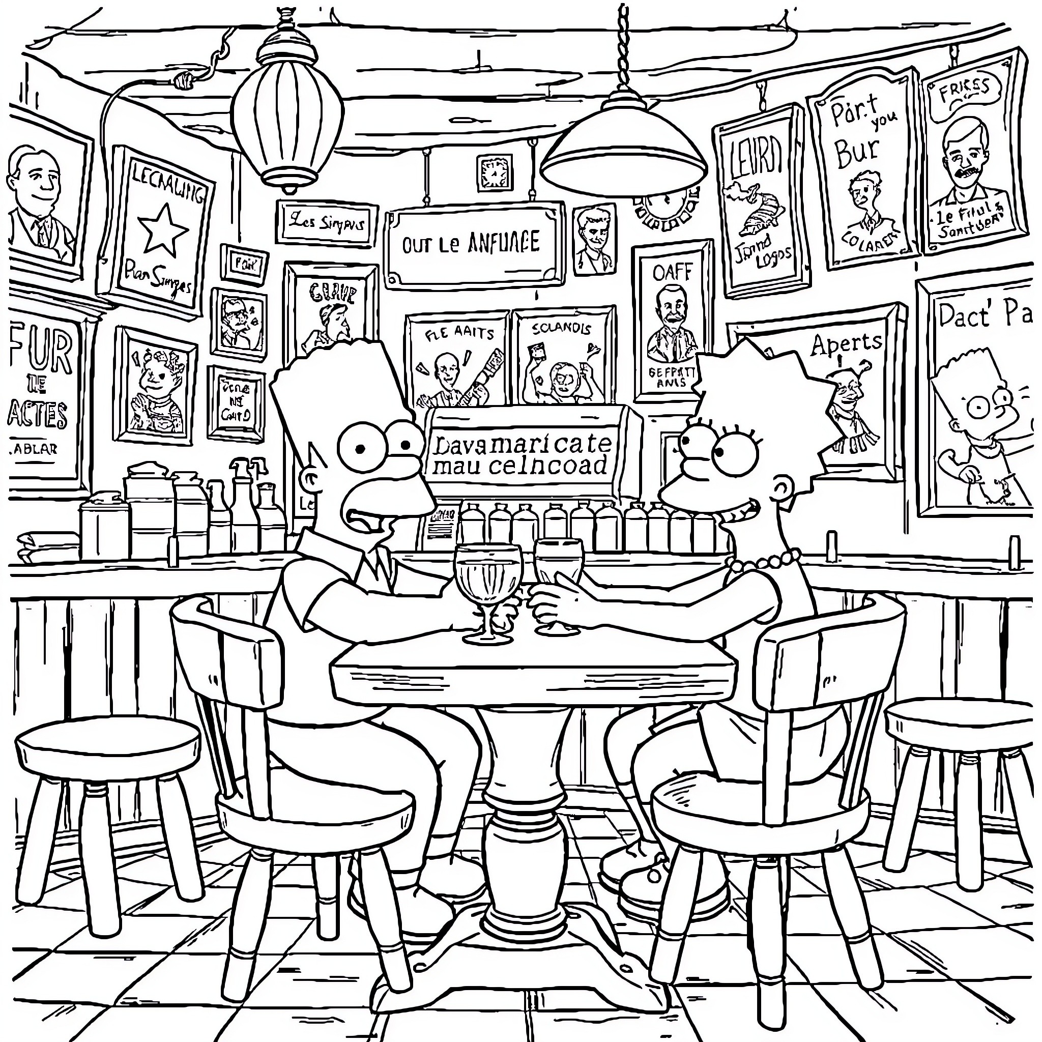 Simpson characters in a quirky cafe setting Coloring Page (free black-and-white line drawing printable PDF for all, from beginners to advanced learners, including children, teens, adults, and seniors)