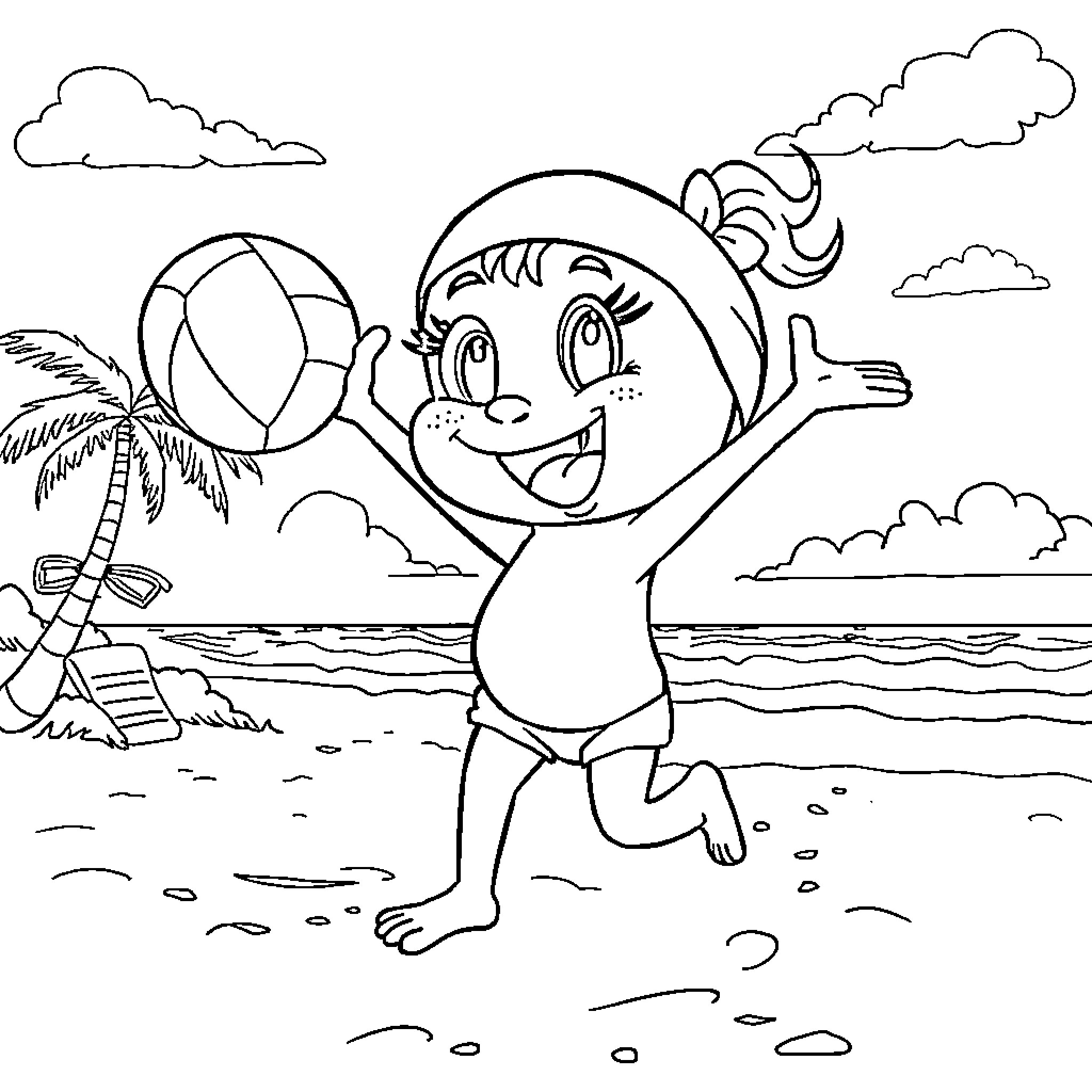 Bo Bo's Playful Day at the Beach Coloring Page (free black-and-white line drawing printable PDF for all, from beginners to advanced learners, including children, teens, adults, and seniors)