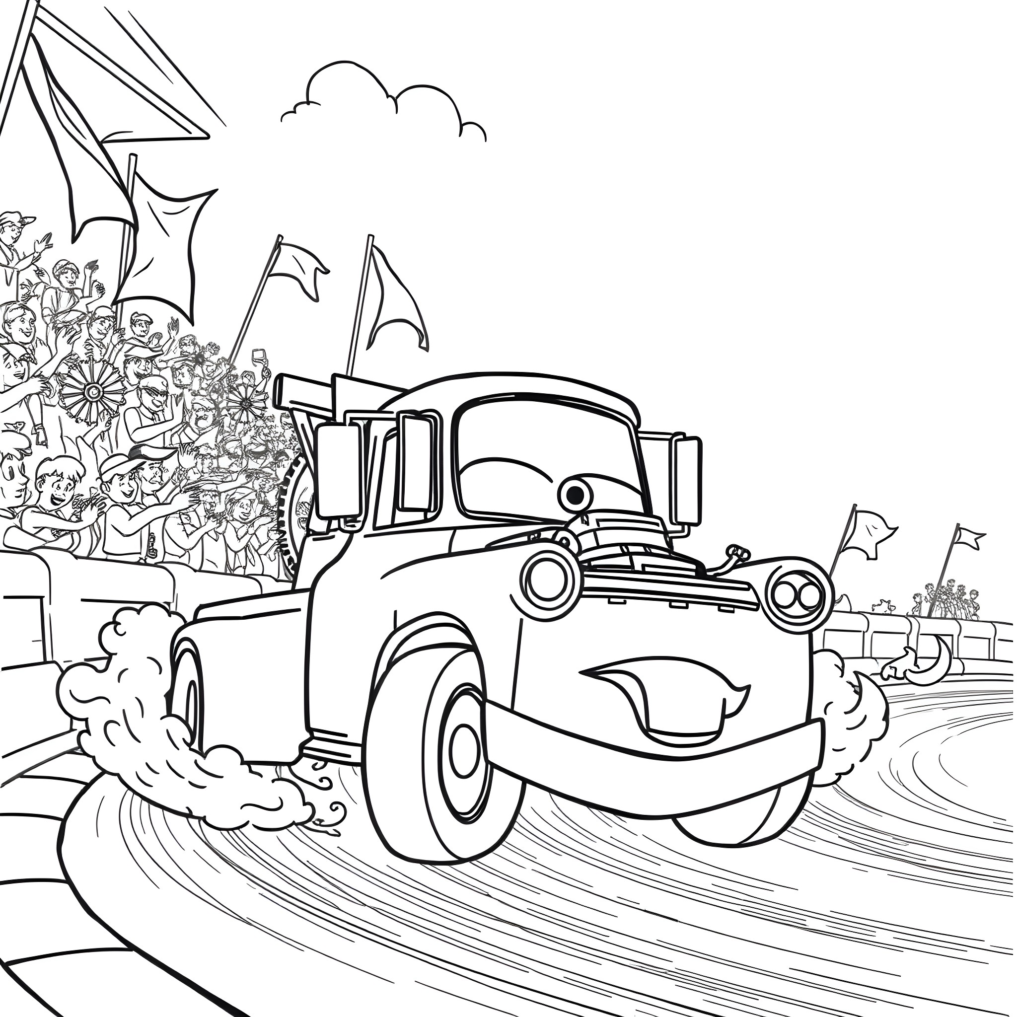 Mater's Spirited Parade Coloring Page (free black-and-white line drawing printable PDF for all, from beginners to advanced learners, including children, teens, adults, and seniors)