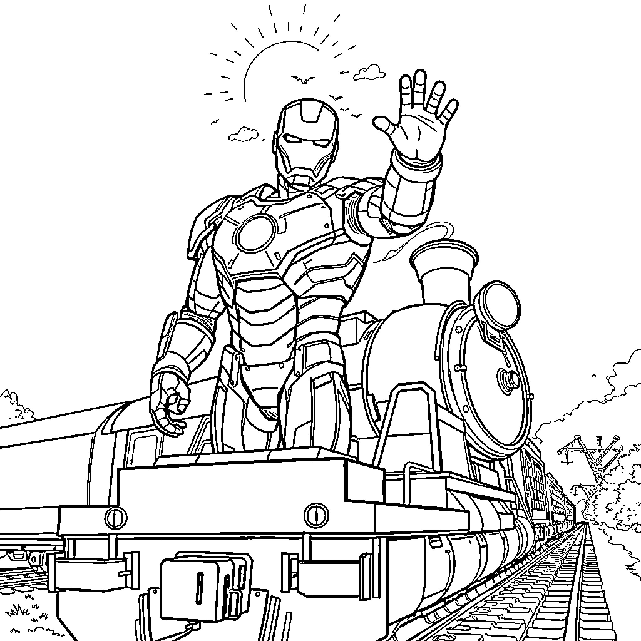 Ironman standing heroically on a train track Coloring Page (free black-and-white line drawing printable PDF for all, from beginners to advanced learners, including children, teens, adults, and seniors)