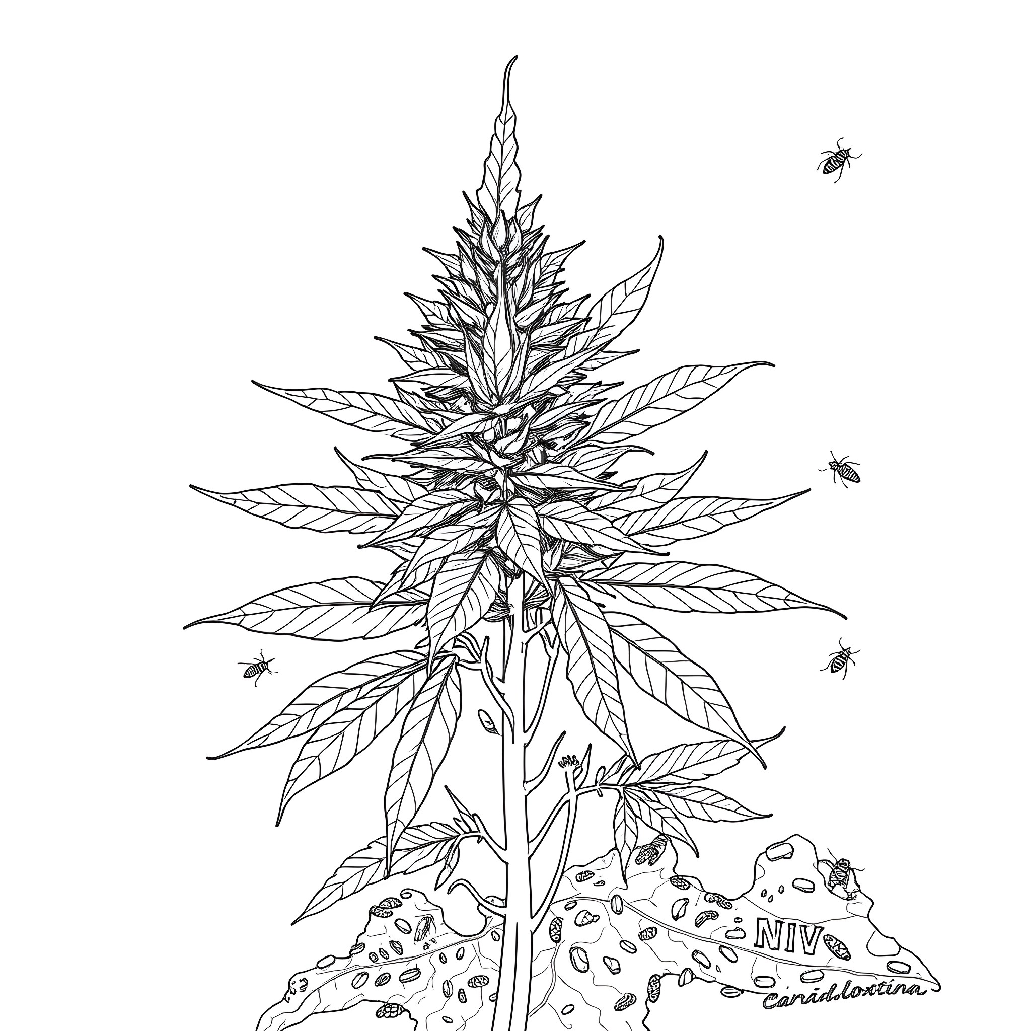 Weed plant with buzzing insects in the field Coloring Page (free black-and-white line drawing printable PDF for all, from beginners to advanced learners, including children, teens, adults, and seniors)