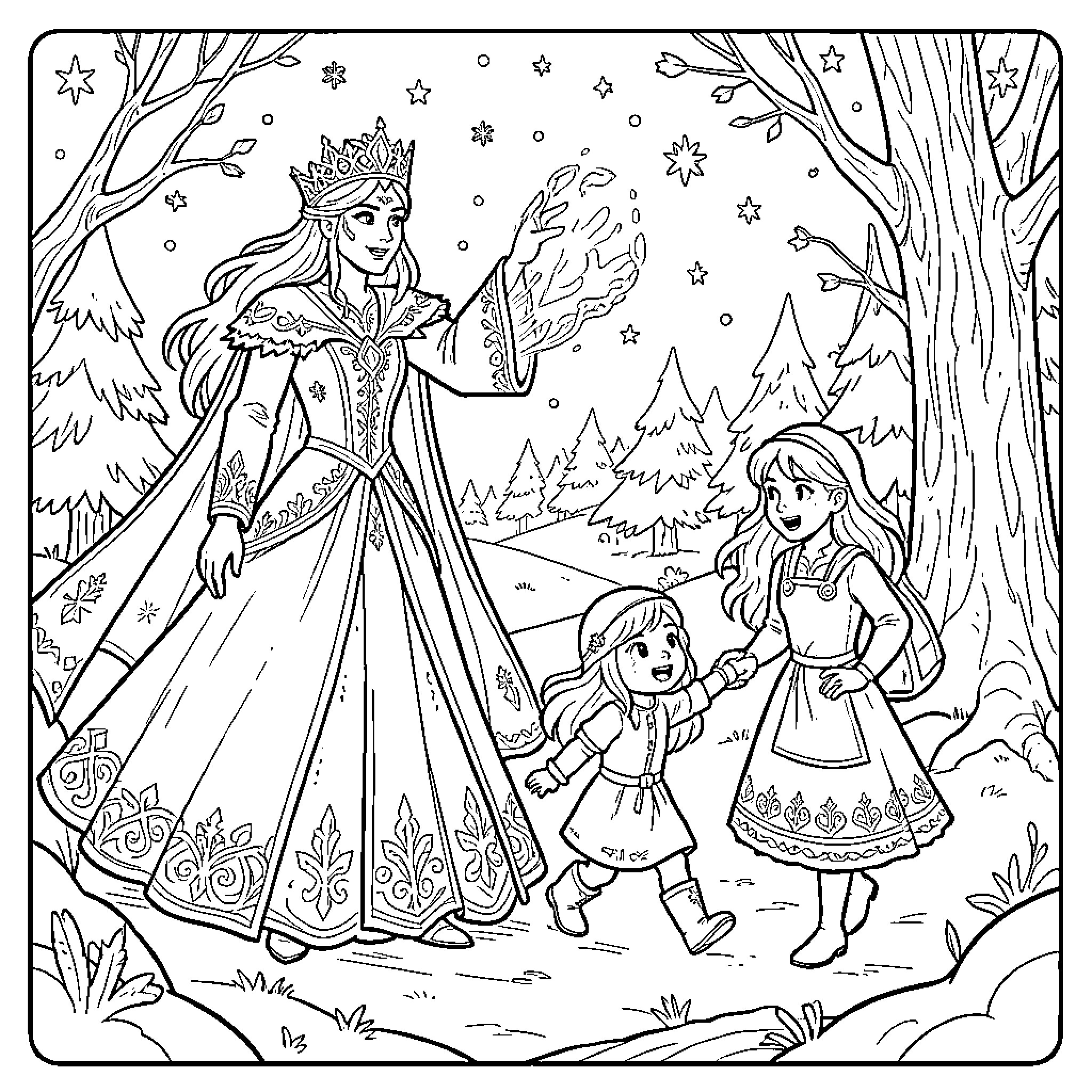 Snow Queen casting magic for two happy children Coloring Page (free black-and-white line drawing printable PDF for all, from beginners to advanced learners, including children, teens, adults, and seniors)