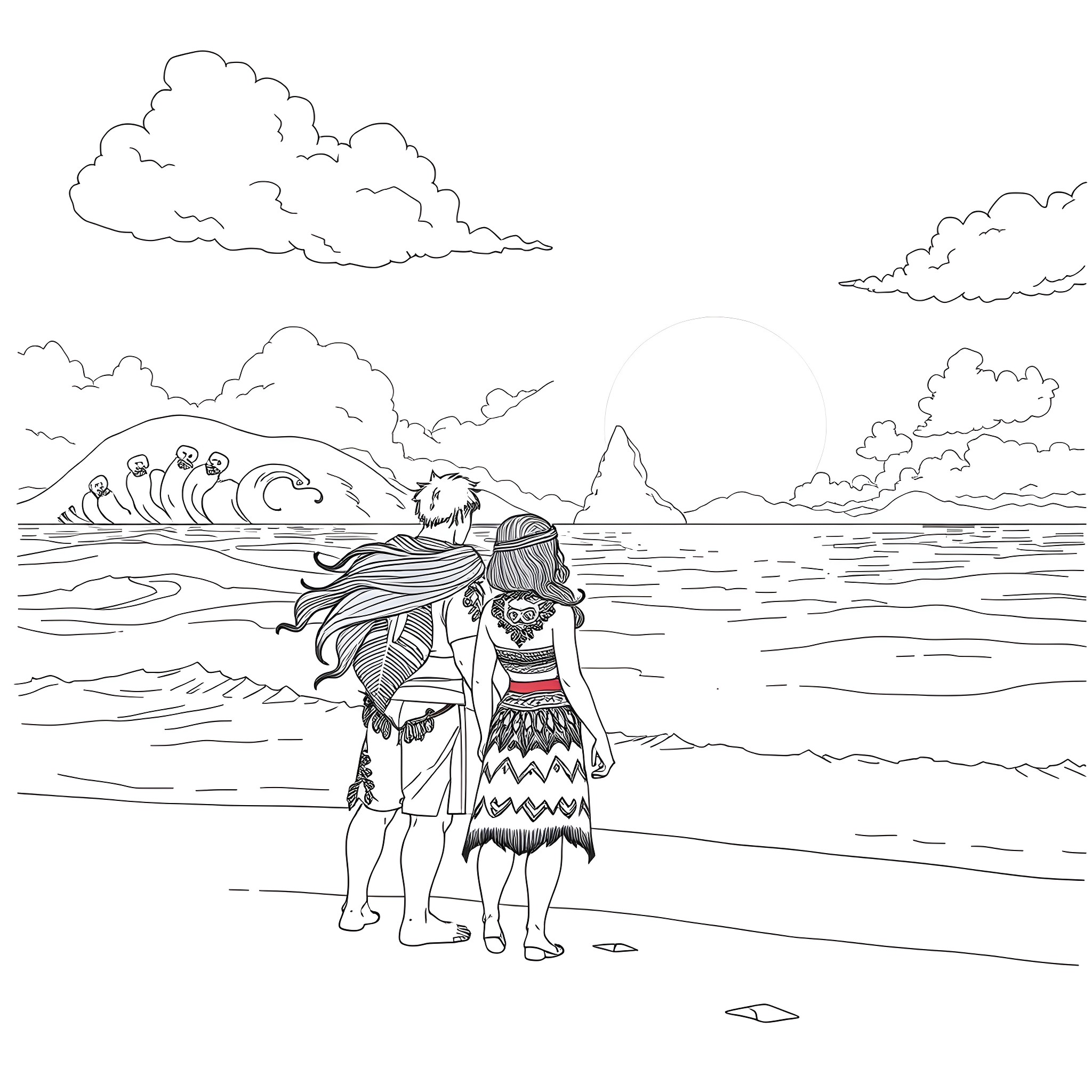 Moana and Maui enjoying the scenic landscape Coloring Page (free black-and-white line drawing printable PDF for all, from beginners to advanced learners, including children, teens, adults, and seniors)