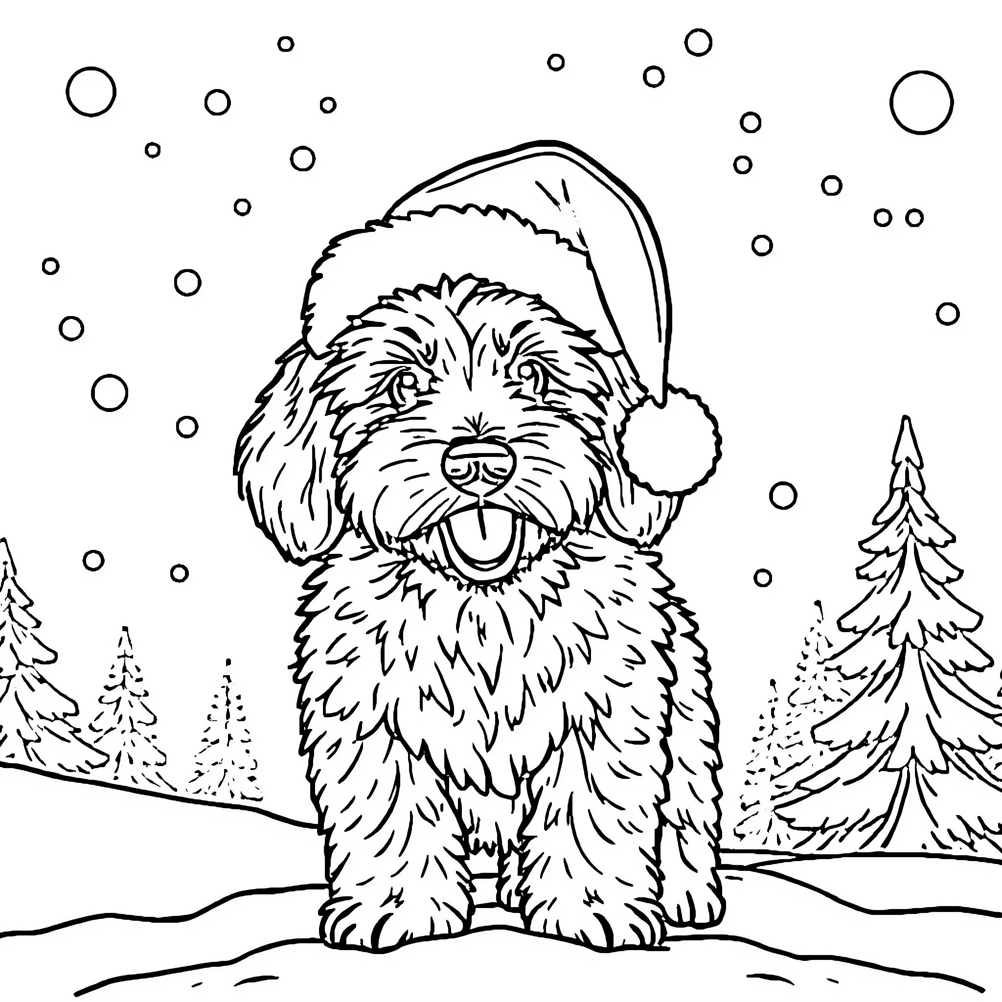 Doodle of a cheerful dog in a winter scene Coloring Page (free black-and-white line drawing printable PDF for all, from beginners to advanced learners, including children, teens, adults, and seniors)