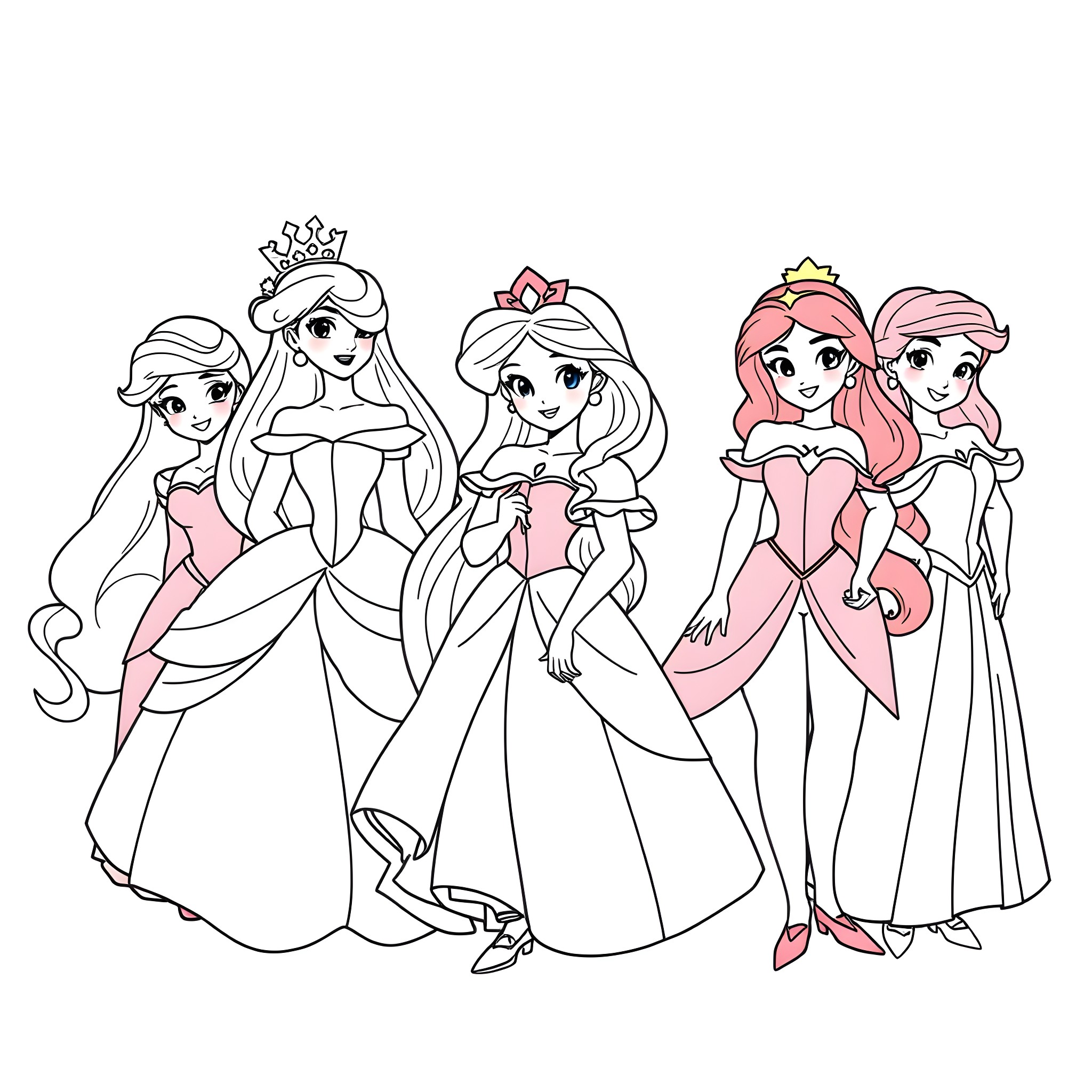 Princess Royal Ball Celebration Coloring Page (free black-and-white line drawing printable PDF for all, from beginners to advanced learners, including children, teens, adults, and seniors)