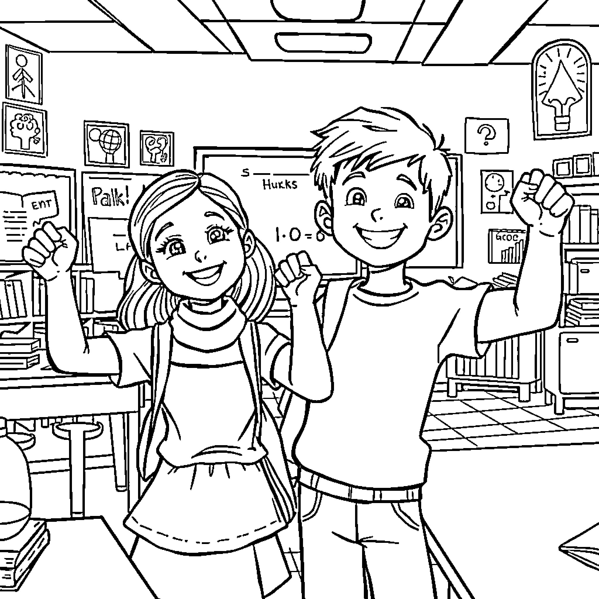 Girl and Boy Celebrating in Classroom Coloring Page (free black-and-white line drawing printable PDF for all, from beginners to advanced learners, including children, teens, adults, and seniors)