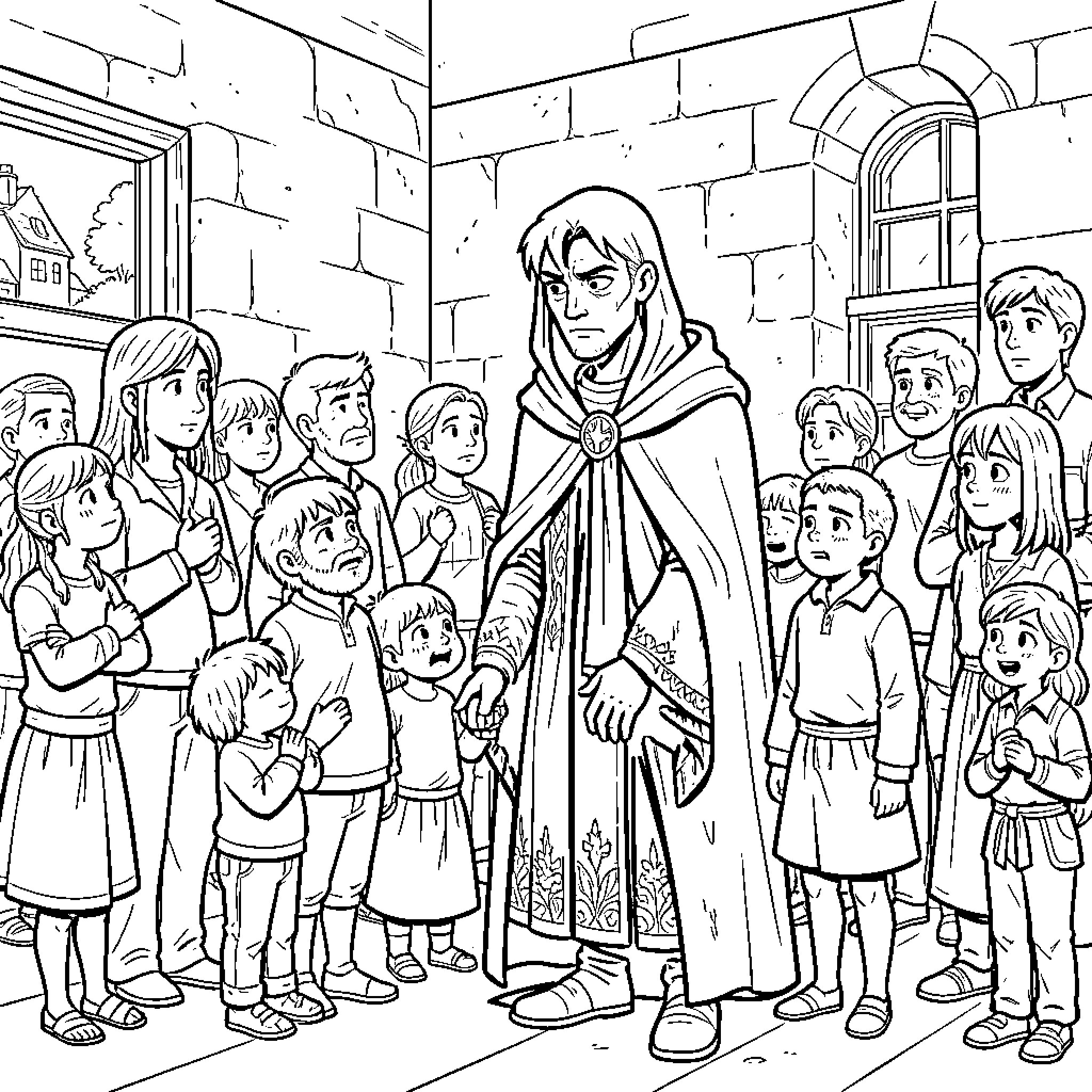 Louckas standing among a group of curious children Coloring Page (free black-and-white line drawing printable PDF for all, from beginners to advanced learners, including children, teens, adults, and seniors)
