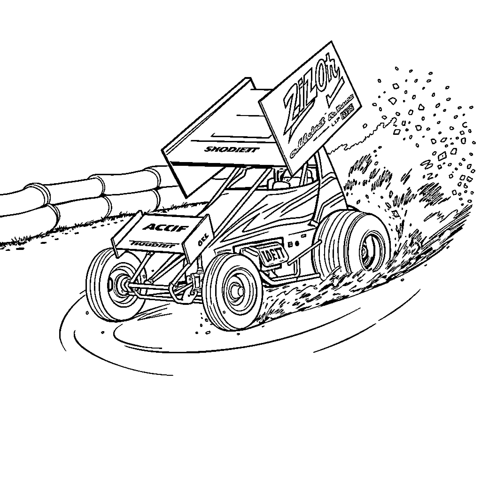 Sprint Car racing in action on the track Coloring Page (free black-and-white line drawing printable PDF for all, from beginners to advanced learners, including children, teens, adults, and seniors)