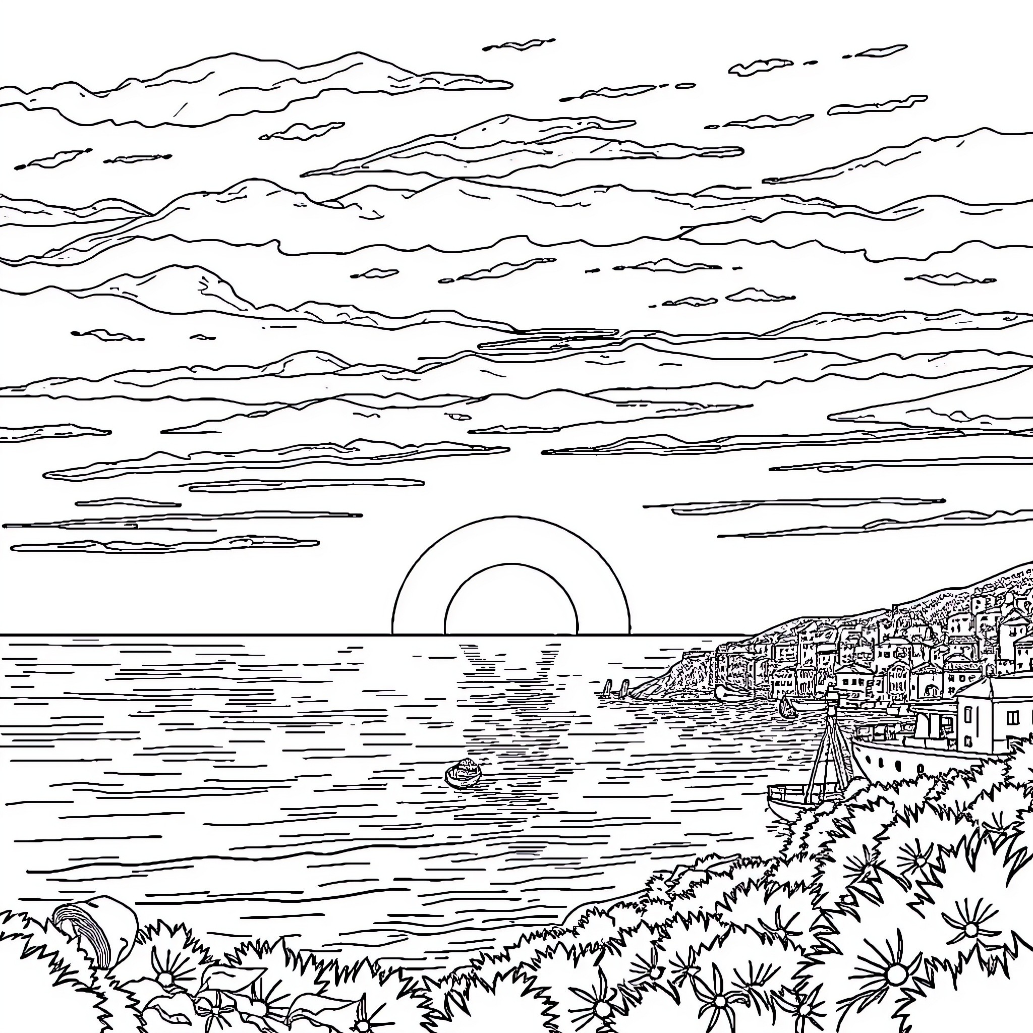 Sunset over the coastal town Coloring Page (free black-and-white line drawing printable PDF for all, from beginners to advanced learners, including children, teens, adults, and seniors)