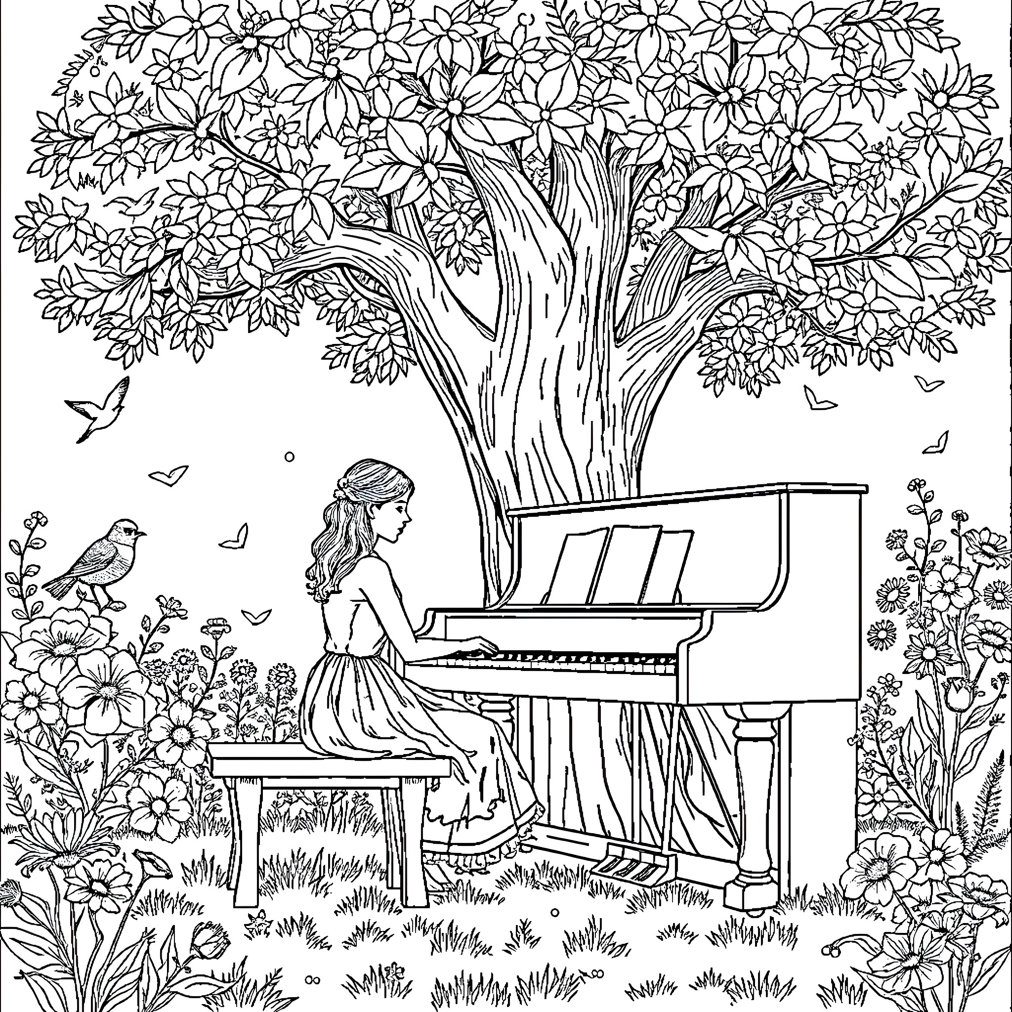 Woman playing piano in a serene garden Coloring Page (free black-and-white line drawing printable PDF for all, from beginners to advanced learners, including children, teens, adults, and seniors)