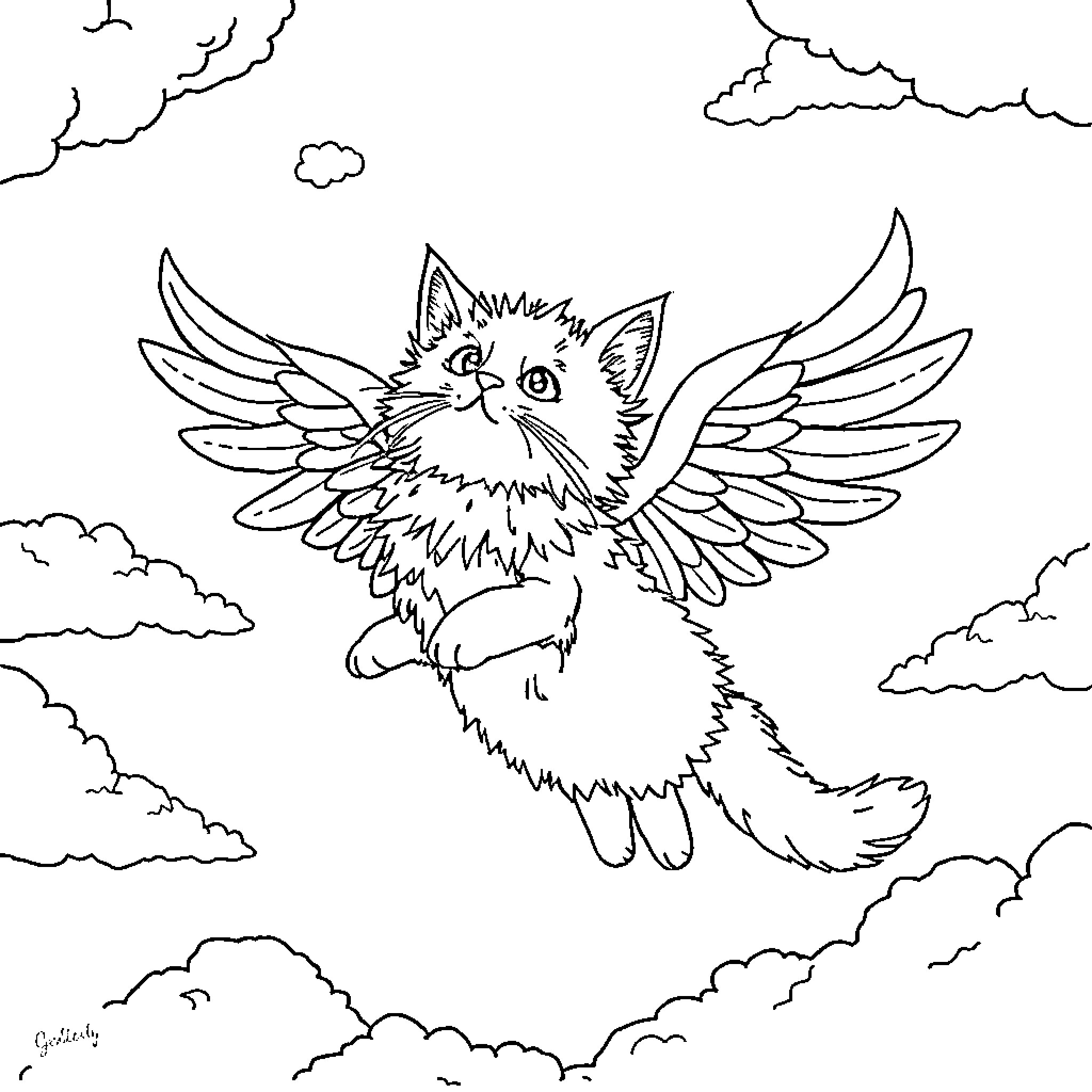 Winged Cat soaring through cloudy skies Coloring Page (free black-and-white line drawing printable PDF for all, from beginners to advanced learners, including children, teens, adults, and seniors)