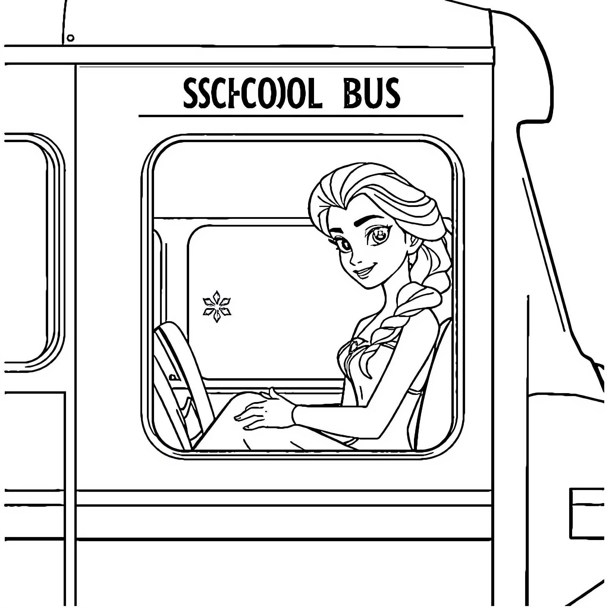 Elsa riding the school bus with a smile Coloring Page (free black-and-white line drawing printable PDF for all, from beginners to advanced learners, including children, teens, adults, and seniors)