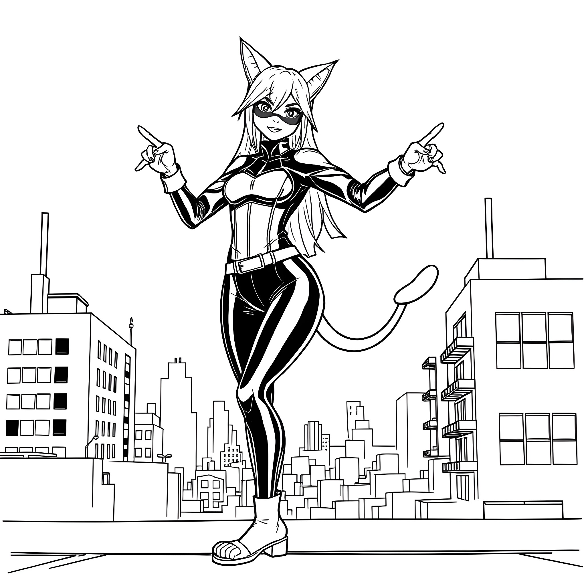 Teen Girl Cat Superhero Posing in City Skyline Coloring Page (free black-and-white line drawing printable PDF for all, from beginners to advanced learners, including children, teens, adults, and seniors)