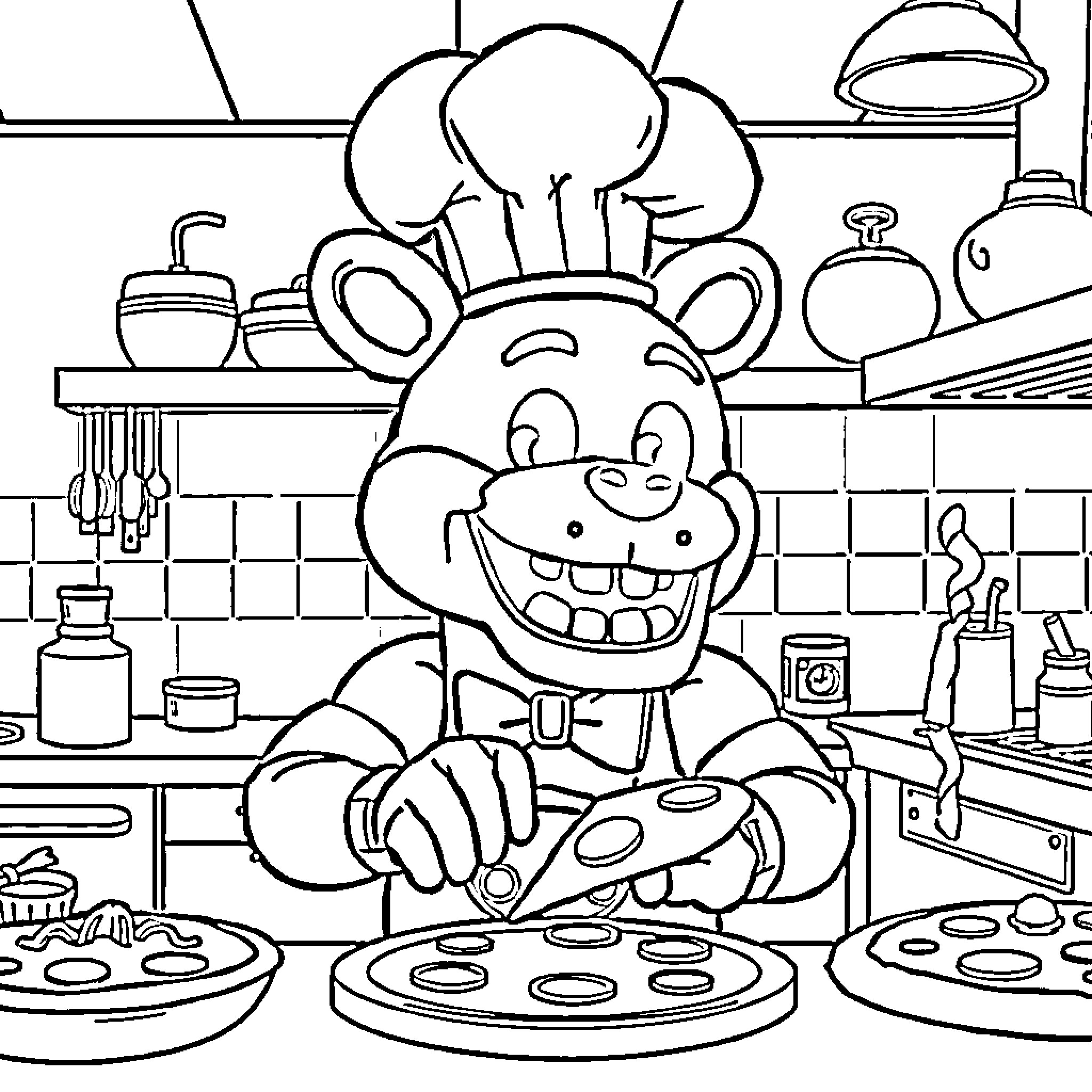 Springtrap cooking happily in the kitchen Coloring Page (free black-and-white line drawing printable PDF for all, from beginners to advanced learners, including children, teens, adults, and seniors)