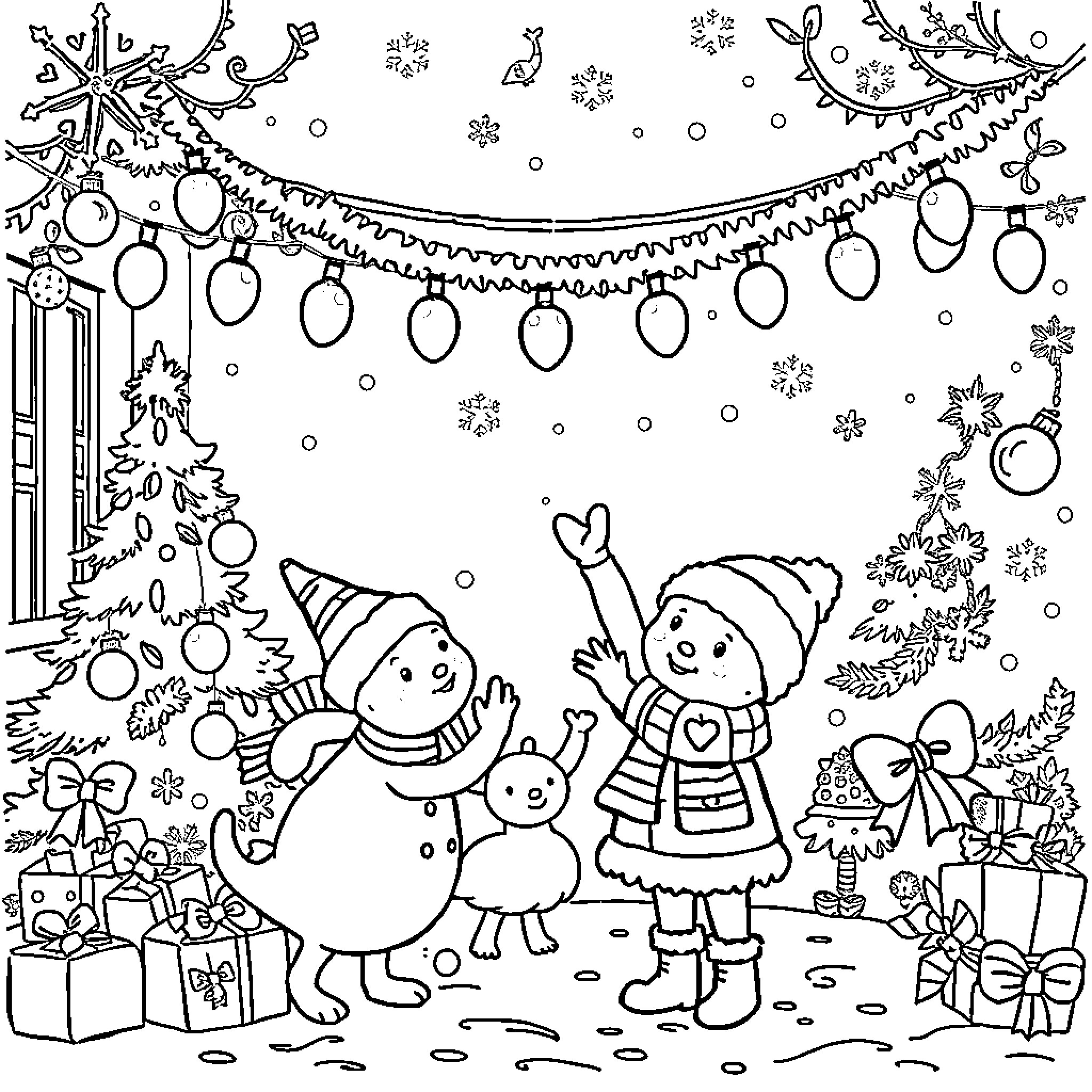Mixling Family Celebrating the Winter Holidays Coloring Page (free black-and-white line drawing printable PDF for all, from beginners to advanced learners, including children, teens, adults, and seniors)