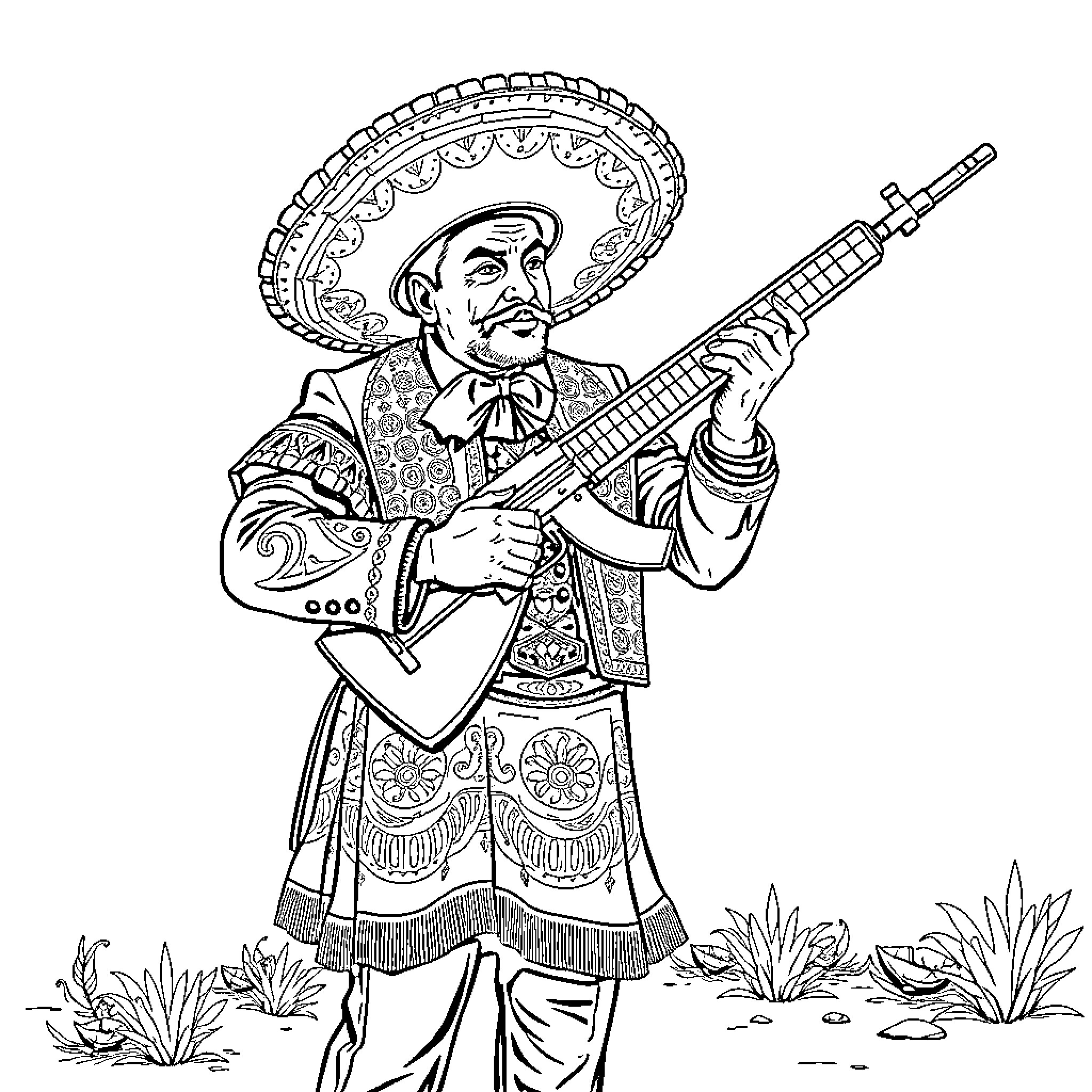 Mariachi musician playing guitar in traditional costume Coloring Page (free black-and-white line drawing printable PDF for all, from beginners to advanced learners, including children, teens, adults, and seniors)