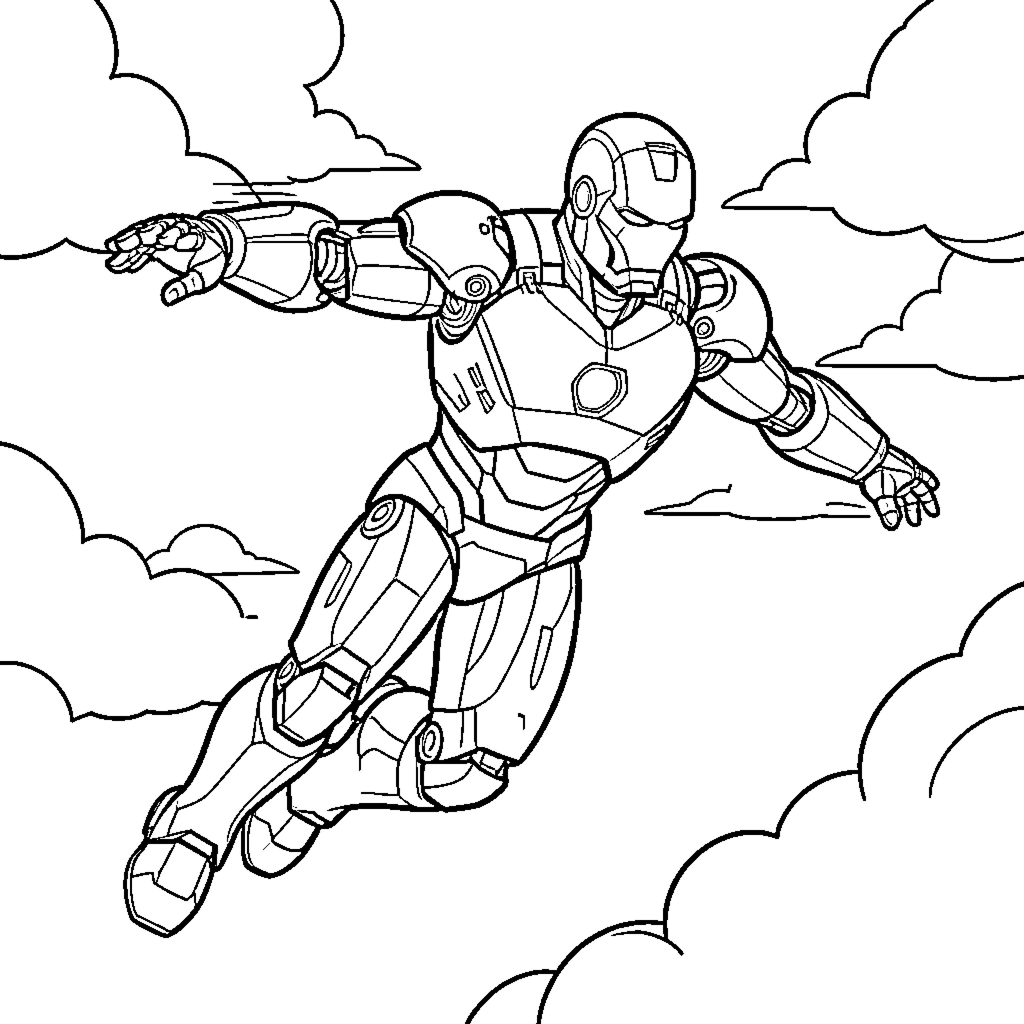 Iron Man flying through the clouds in armored suit Coloring Page (free black-and-white line drawing printable PDF for all, from beginners to advanced learners, including children, teens, adults, and seniors)
