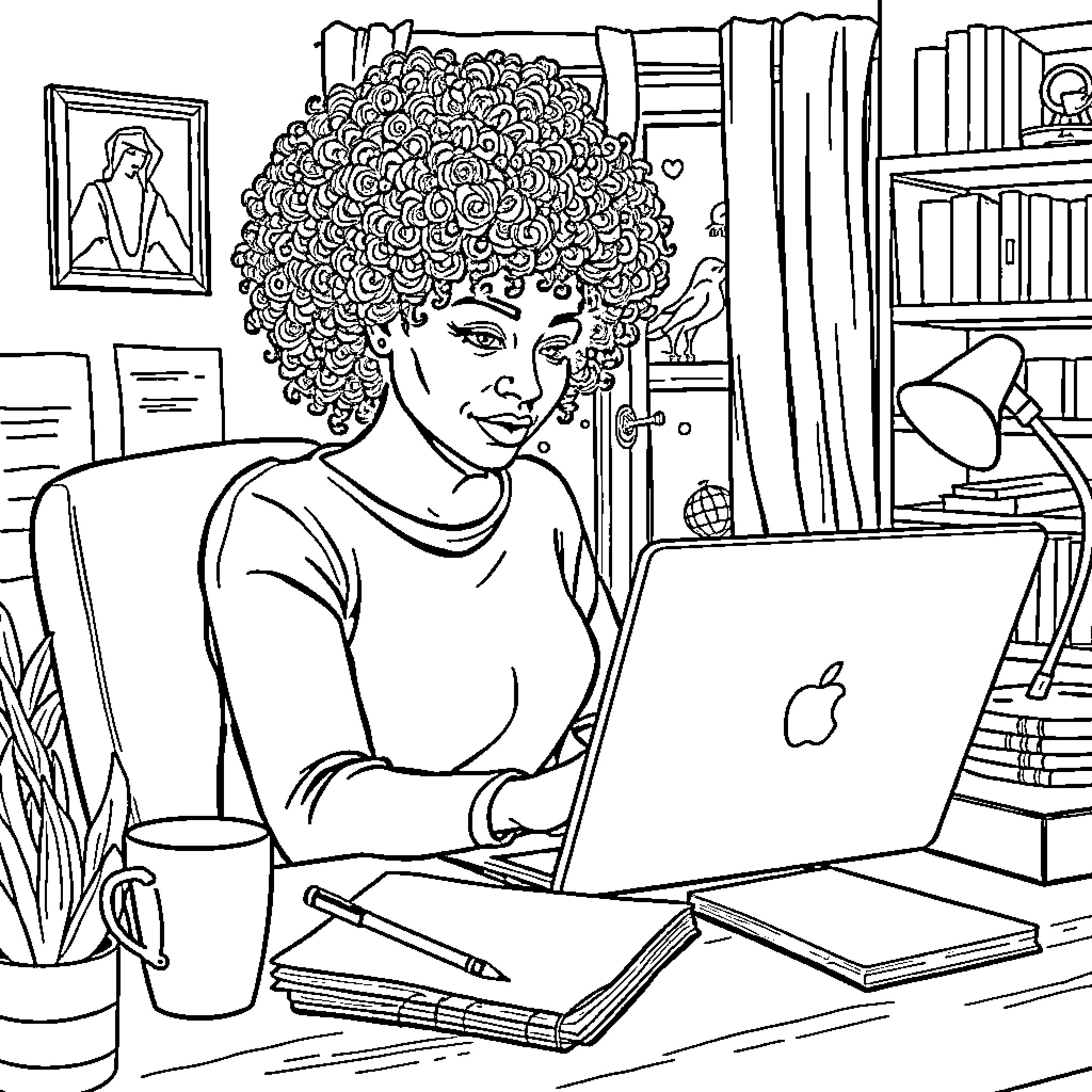 Woman working diligently on laptop in cozy home office Coloring Page (free black-and-white line drawing printable PDF for all, from beginners to advanced learners, including children, teens, adults, and seniors)